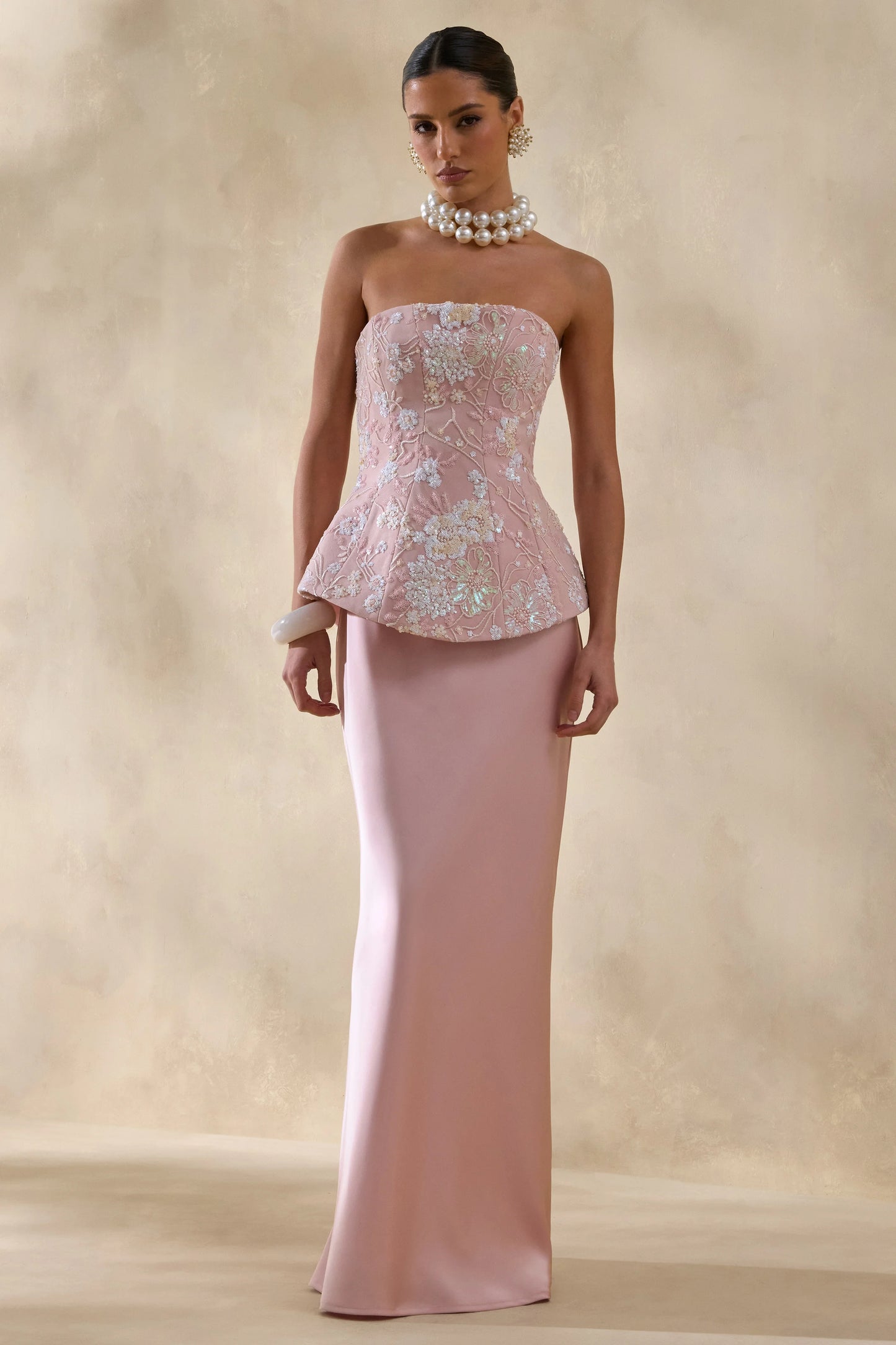Corvina Pink Embellished Floral Bandeau Corset Maxi Dress
