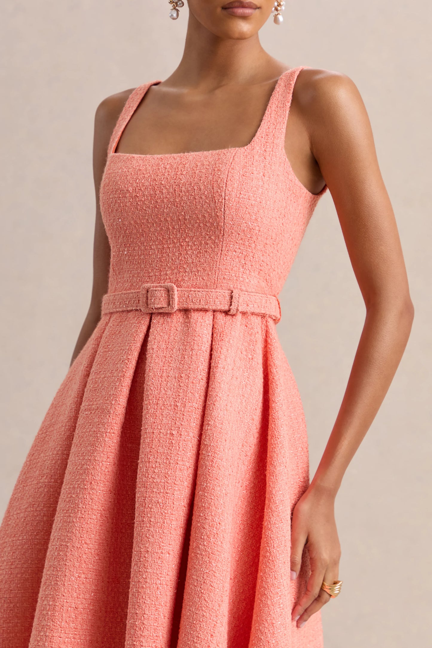 Camoria Coral Boucle Square-Neck Midi Dress