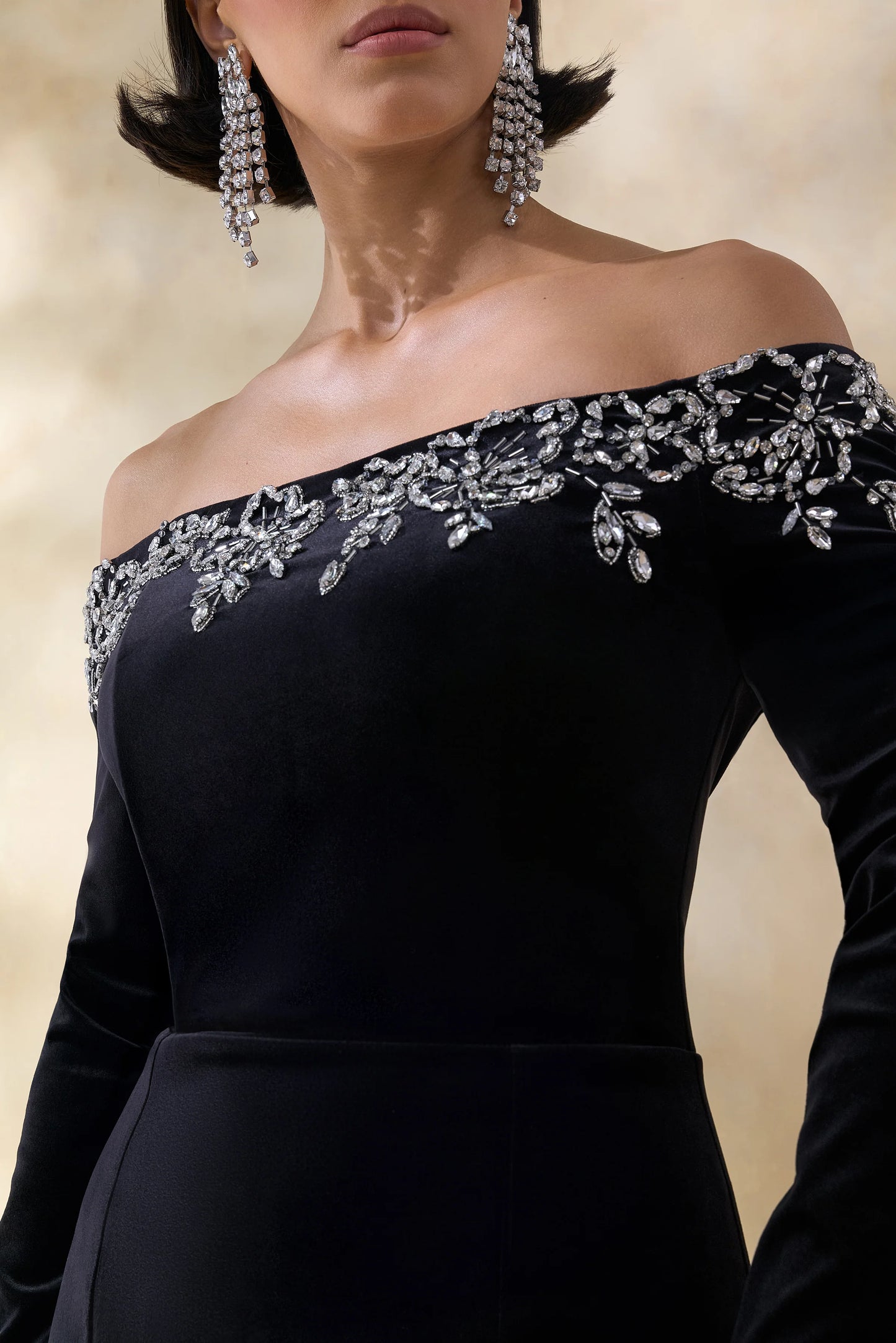 Fern Black Velvet Embellished Bardot-Neck Maxi Dress