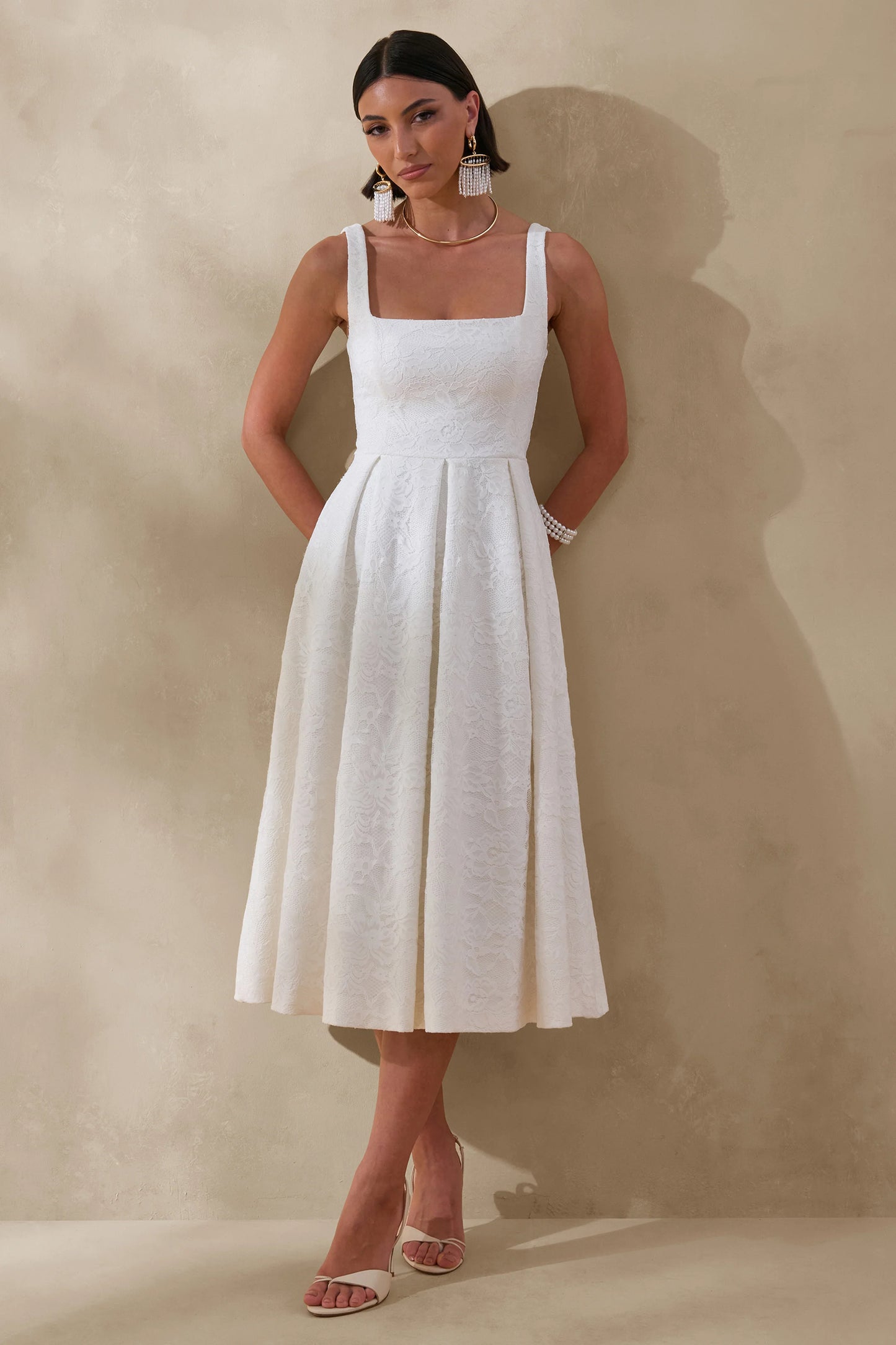 Ashmara White Lace Square-Neck Midi Dress