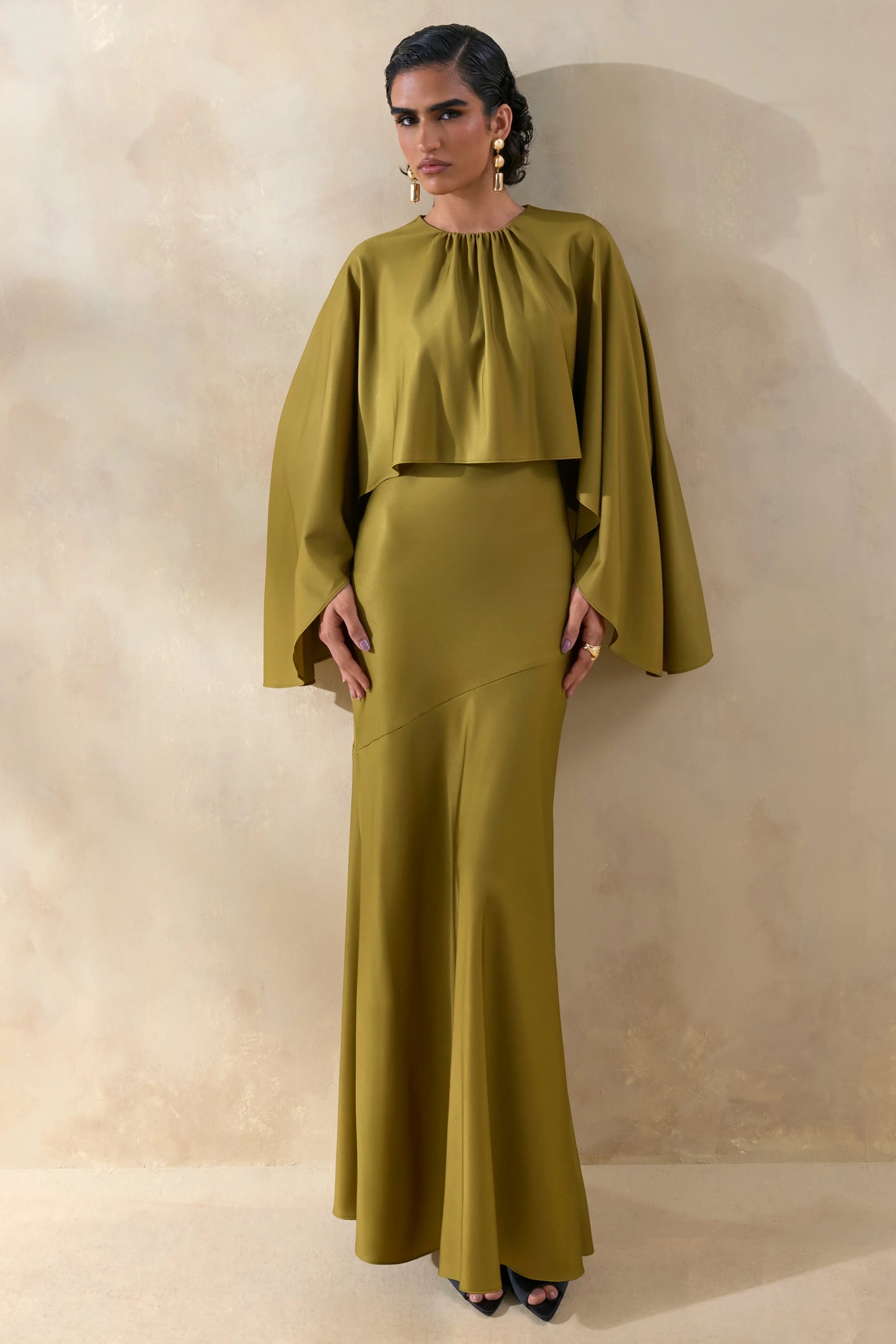 Vanthea Olive Satin Round-Neck Maxi Dress With Cape-Sleeves