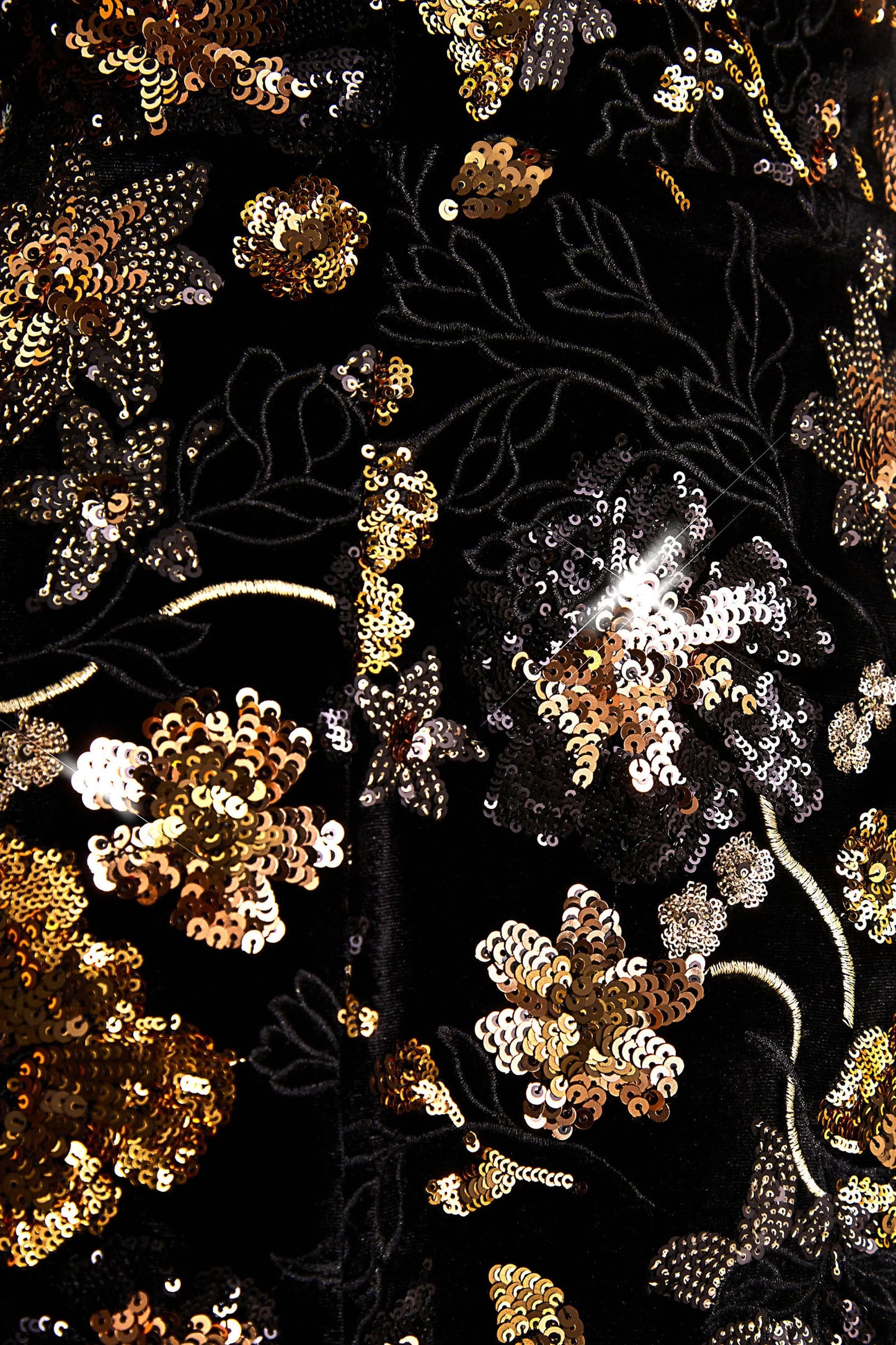 Valeri Black Velvet Bandeau Mini Dress With Bronze Floral Sequin Embellishment