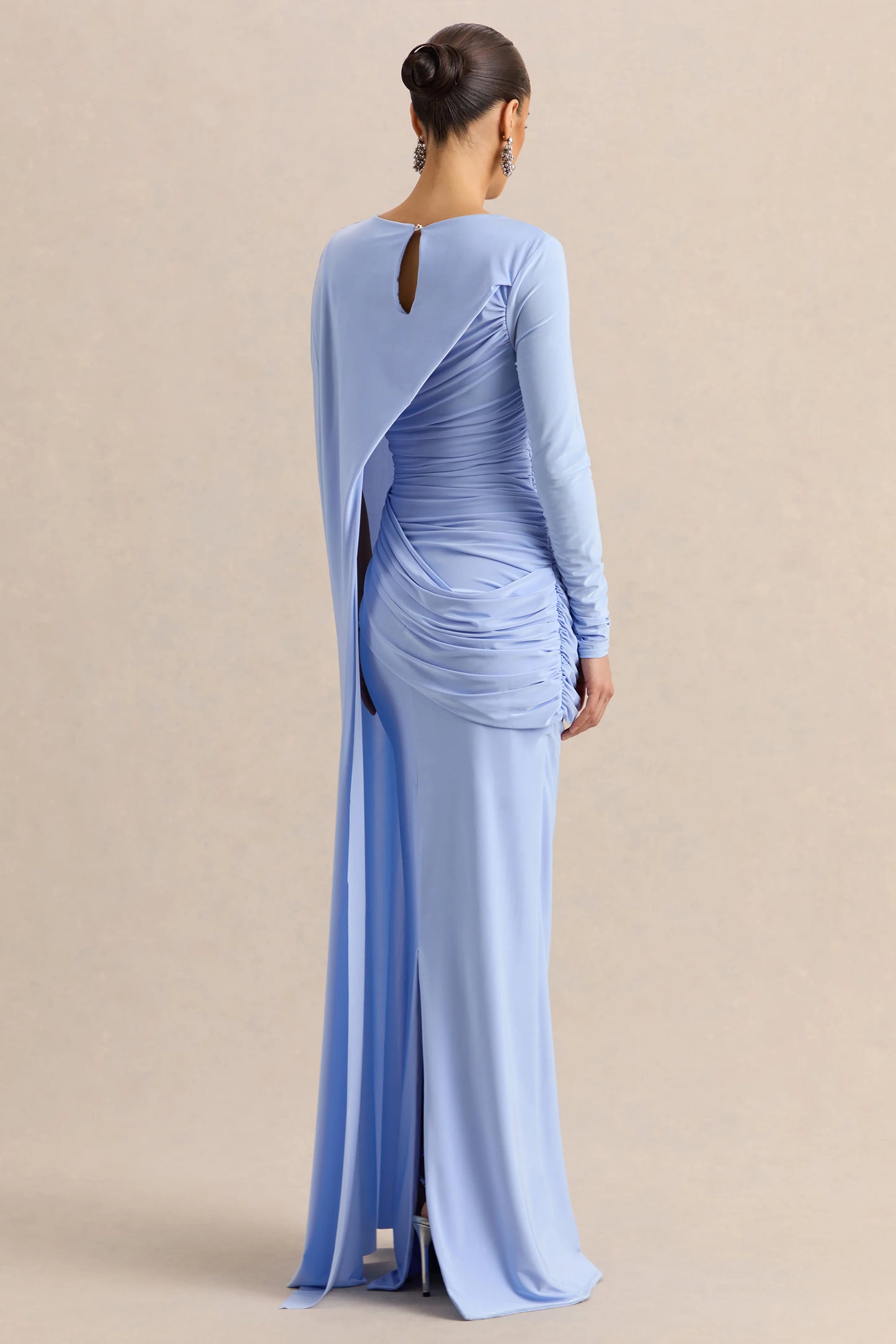 Orintha Powder Blue Wide-Neck Maxi Dress With Cape And Gold-Detail