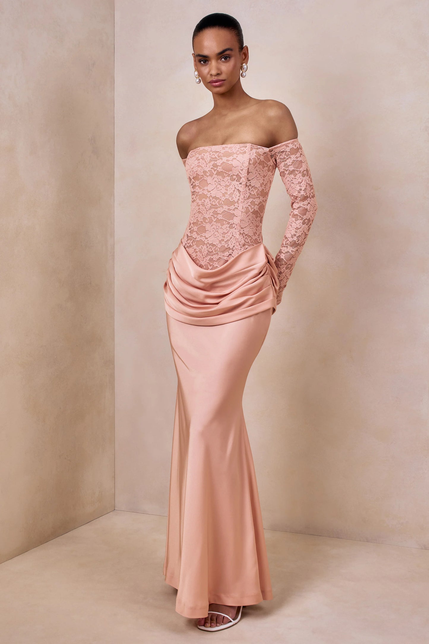 Rinna Pink Lace And Satin Bardot-Neck Maxi Dress