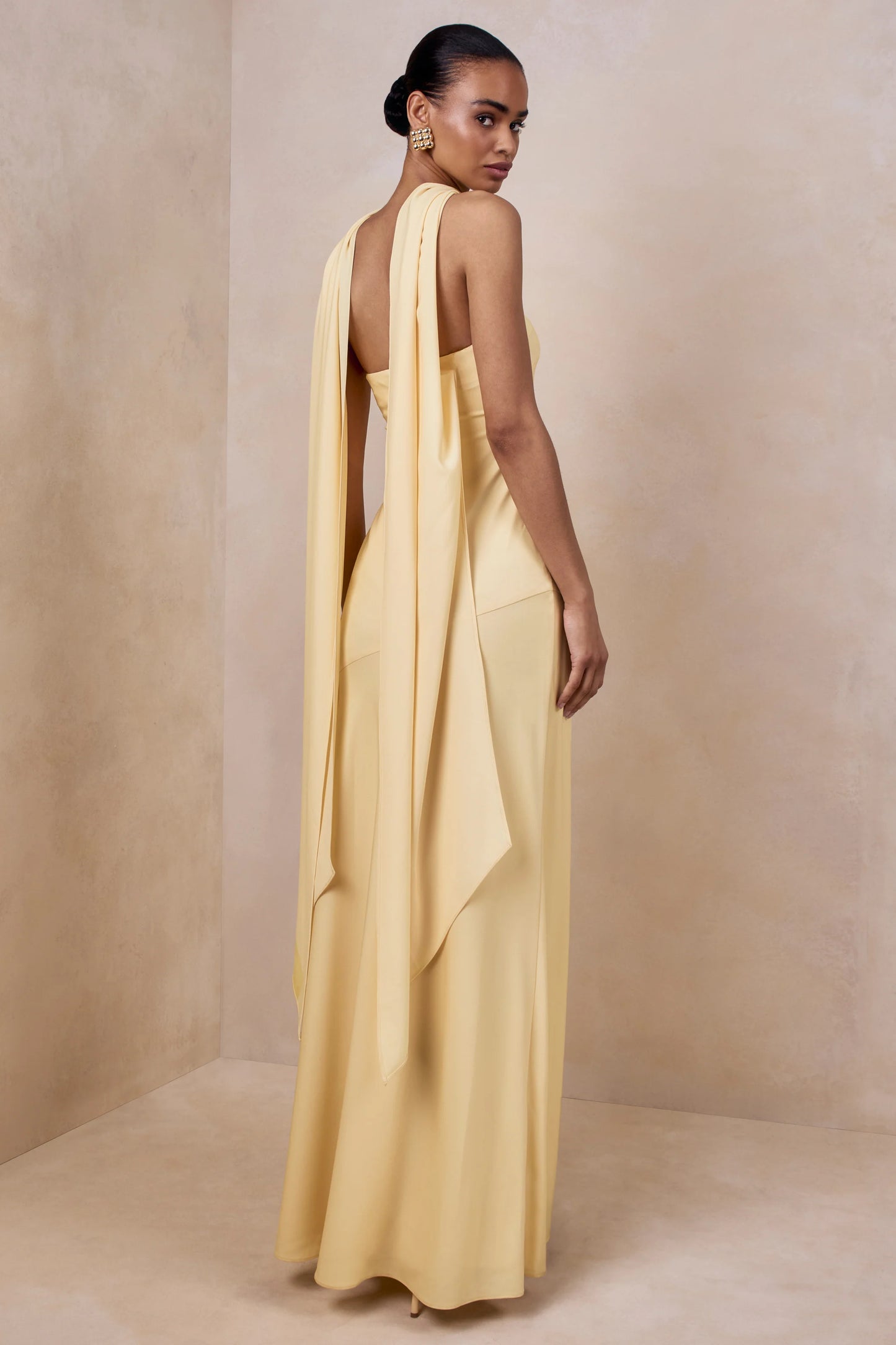 Charly Lemon Matte Satin Bandeau Maxi Dress With Scarf-Detail