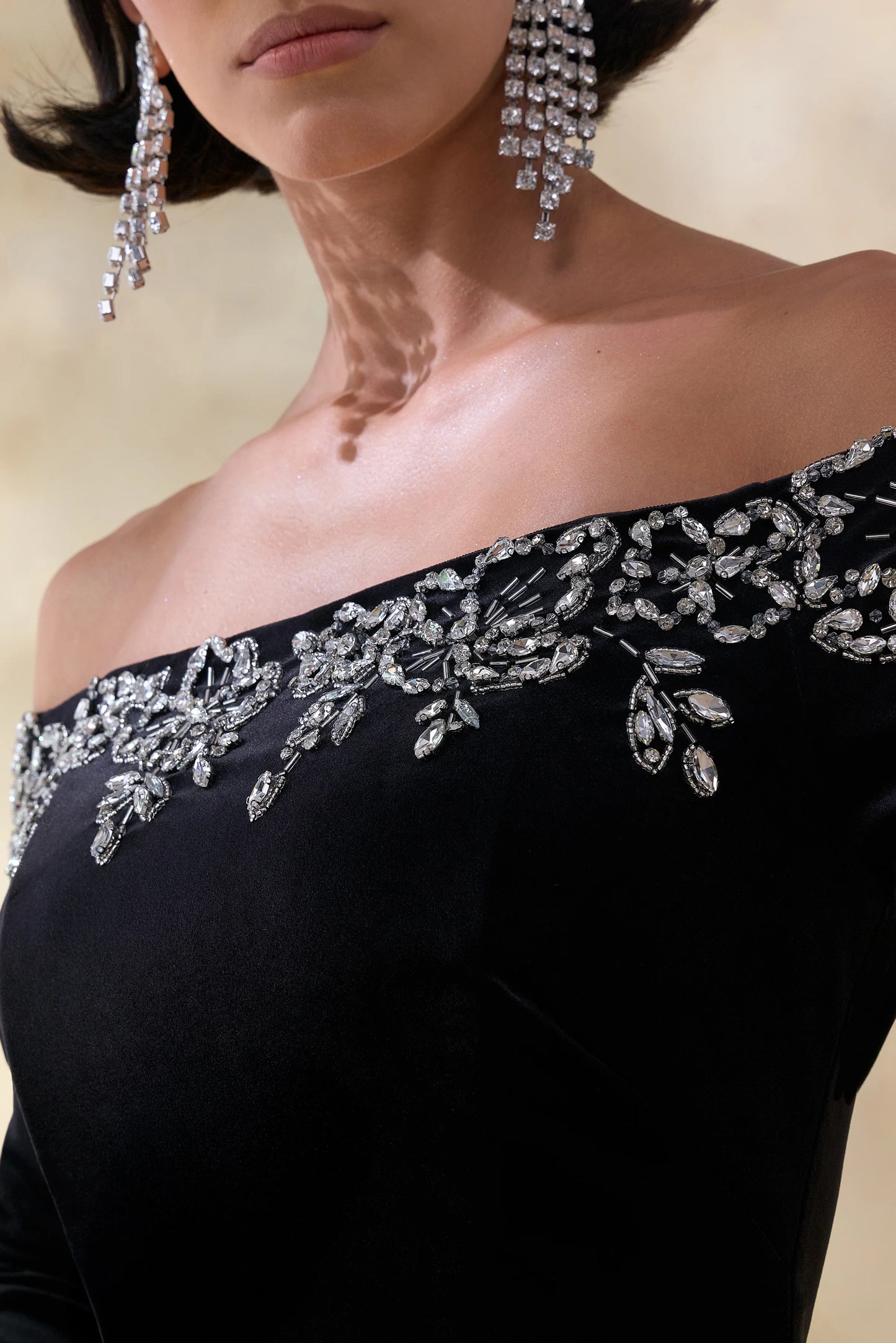 Fern Black Velvet Embellished Bardot-Neck Maxi Dress