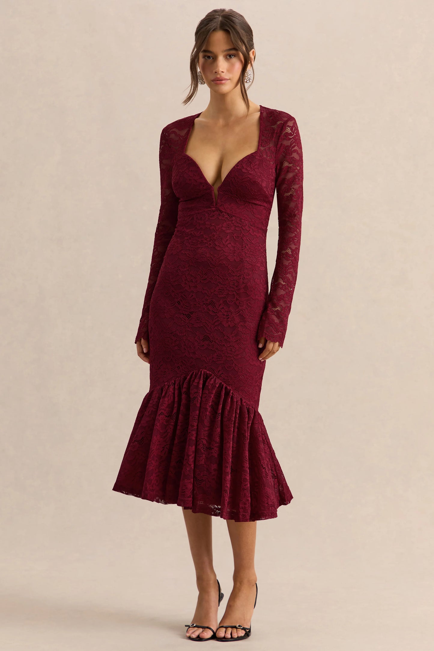 Camilly Burgundy Lace Plunge-Neck Mermaid Midi Dress