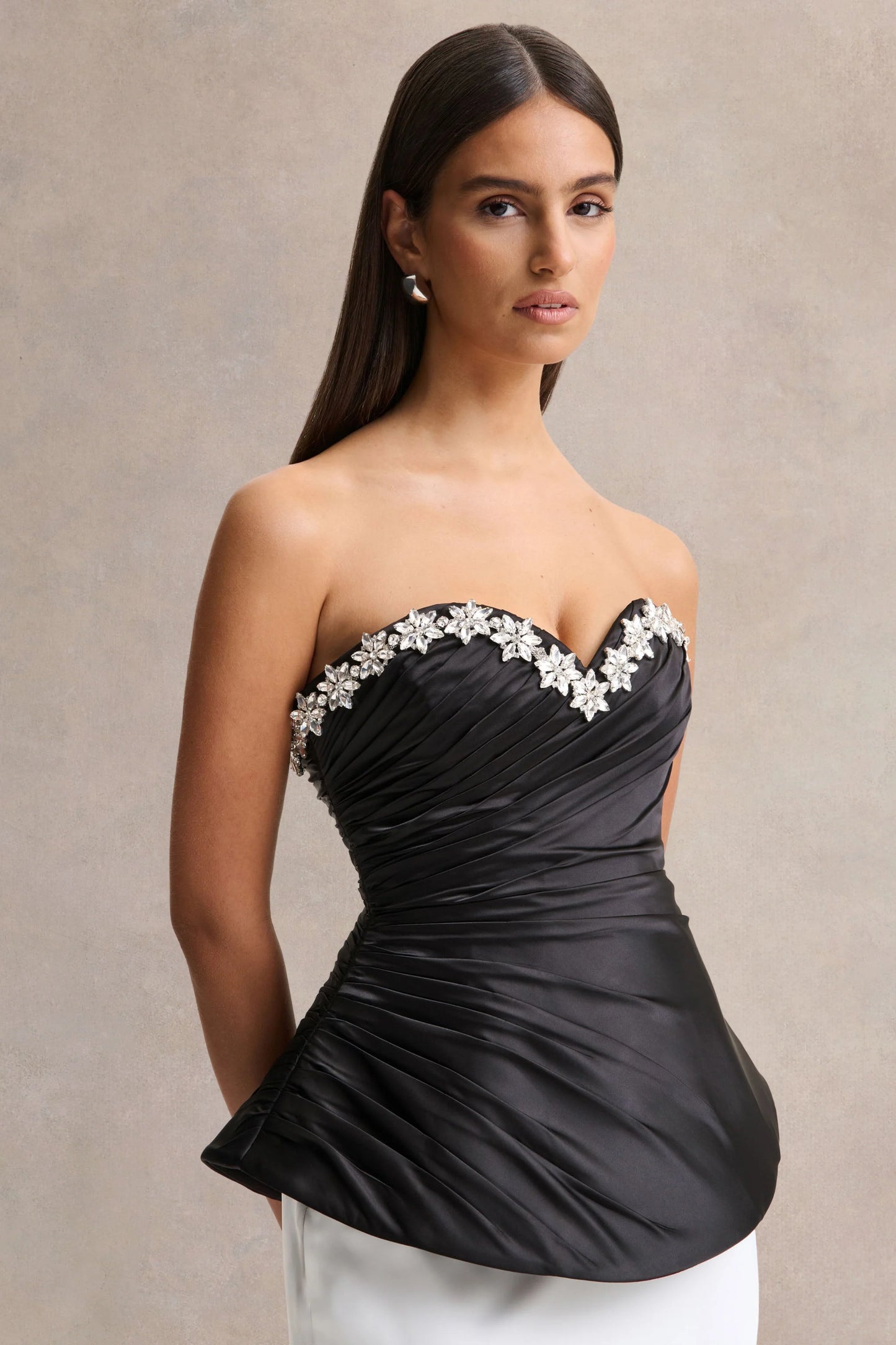 Ambria Black Satin Hand-Embellished Sweetheart-Neck Corset Top