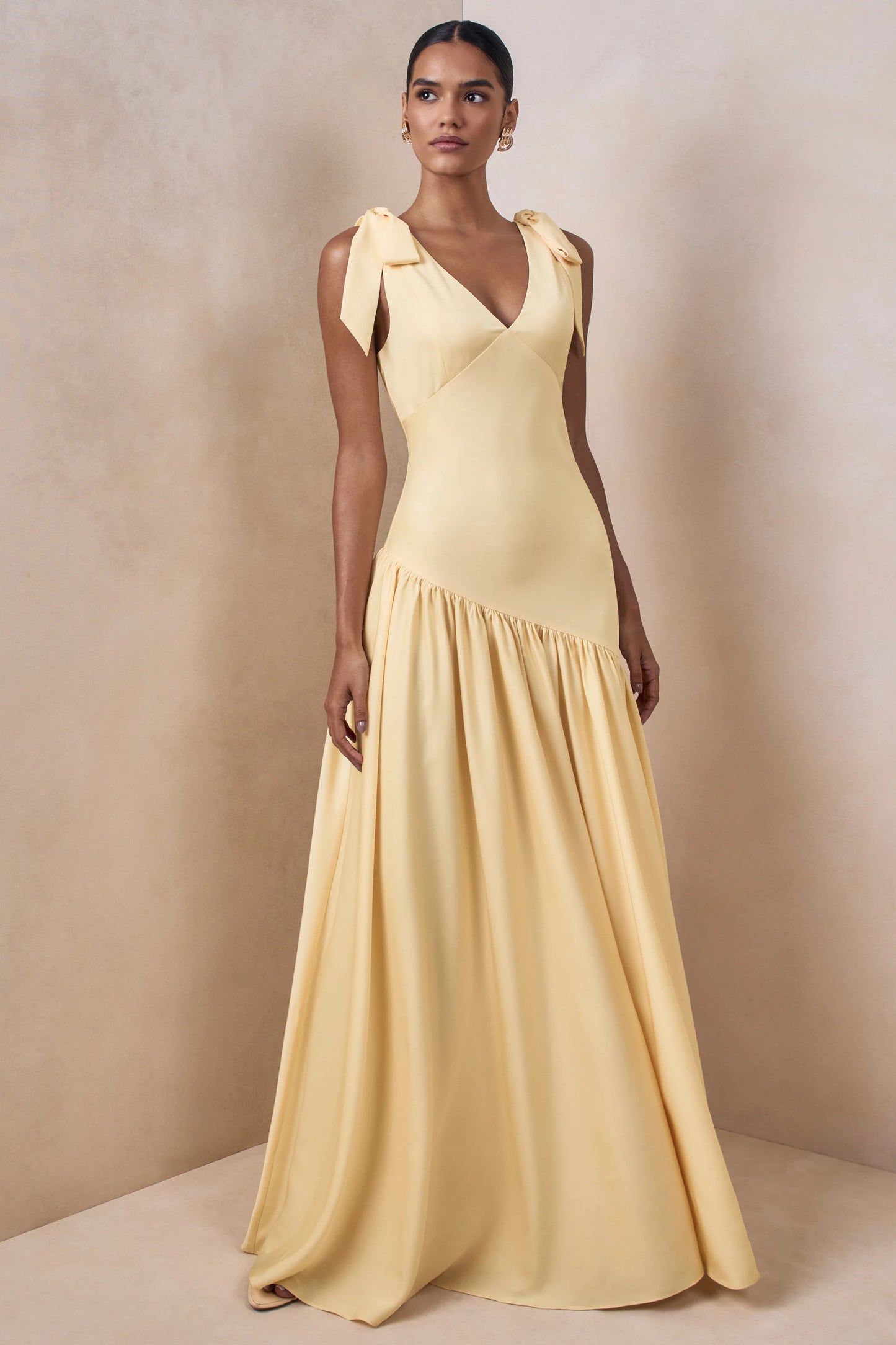 Cala Lemon Matte Satin Plunge-Neck Maxi Dress With Bow-Sleeves