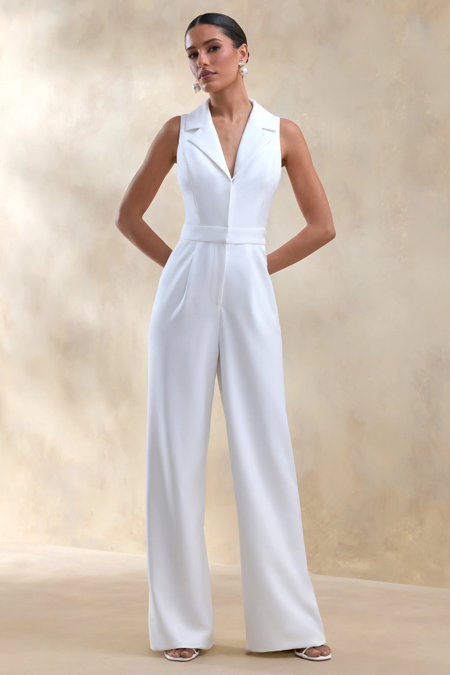 Brillora White Plunge-Neck Tailored Jumpsuit