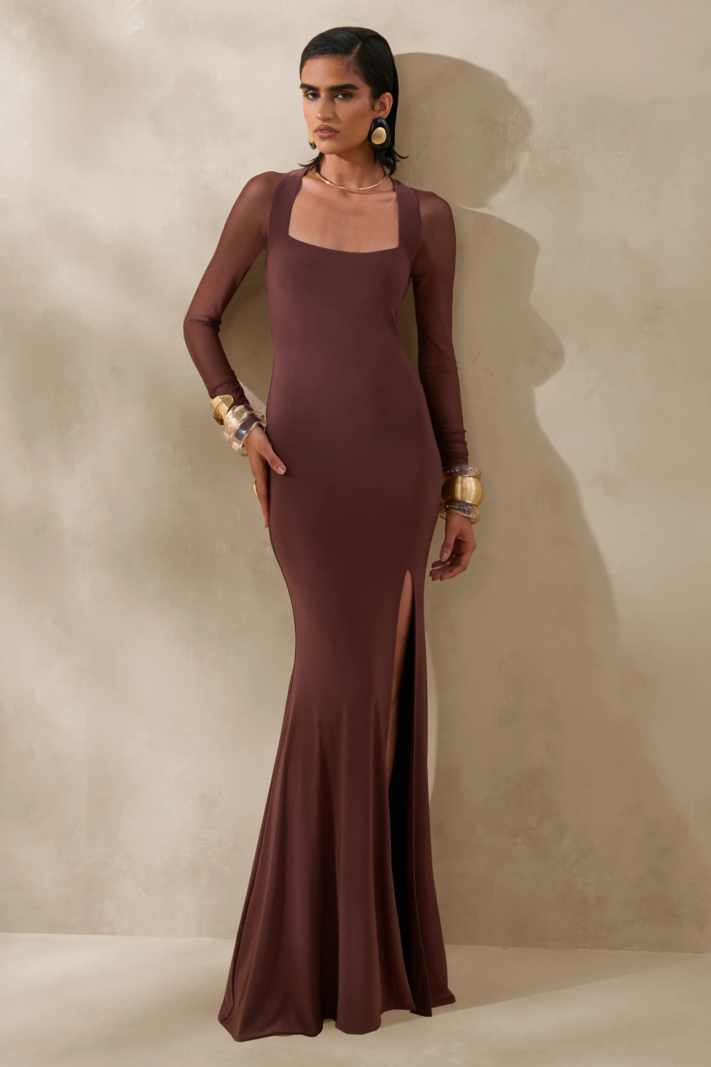 Renalia Brown Square-Neck Maxi Dress With Mesh Long-Sleeves
