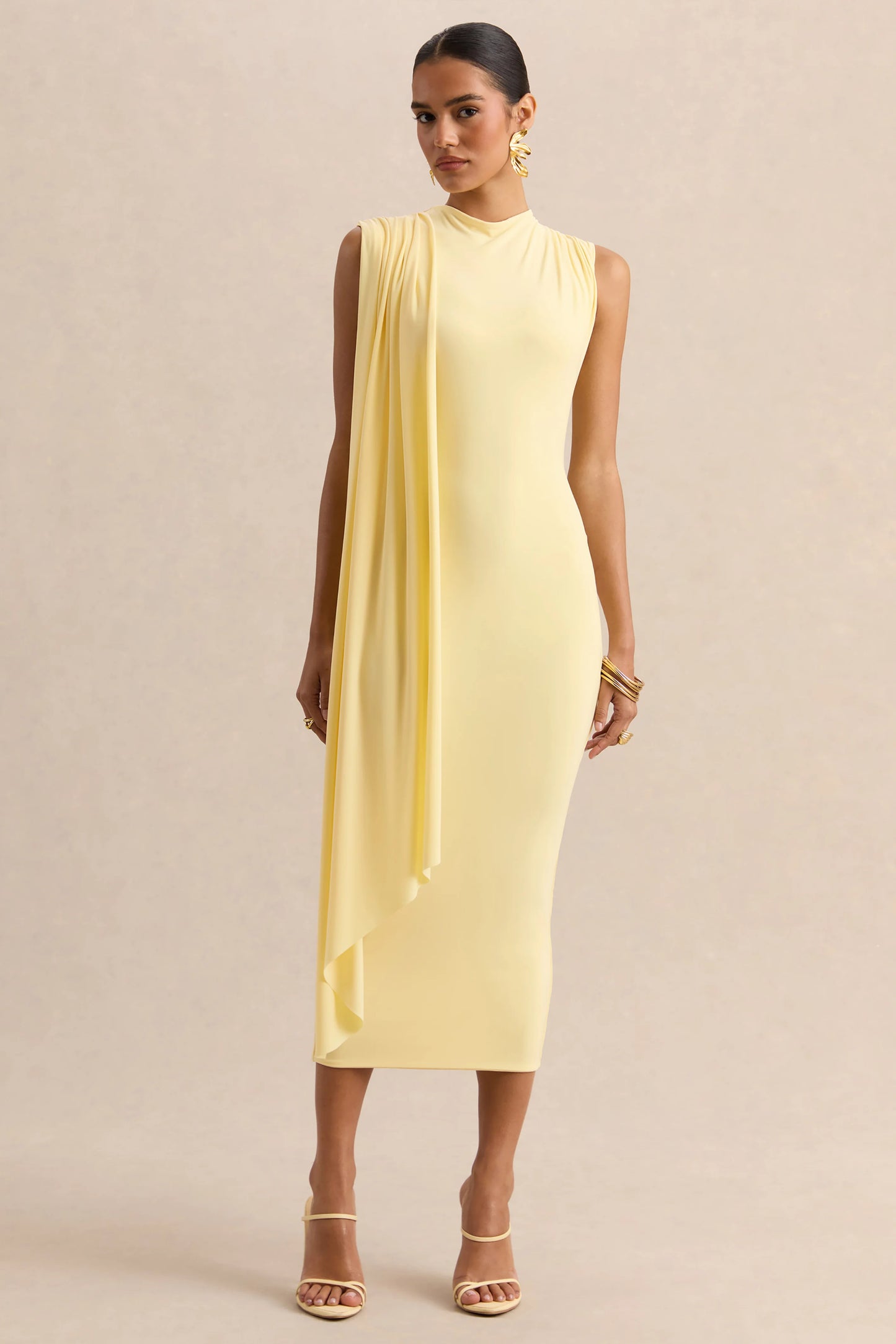 Oleandra Lemon High-Neck Midi-Dress With Draped-Detail