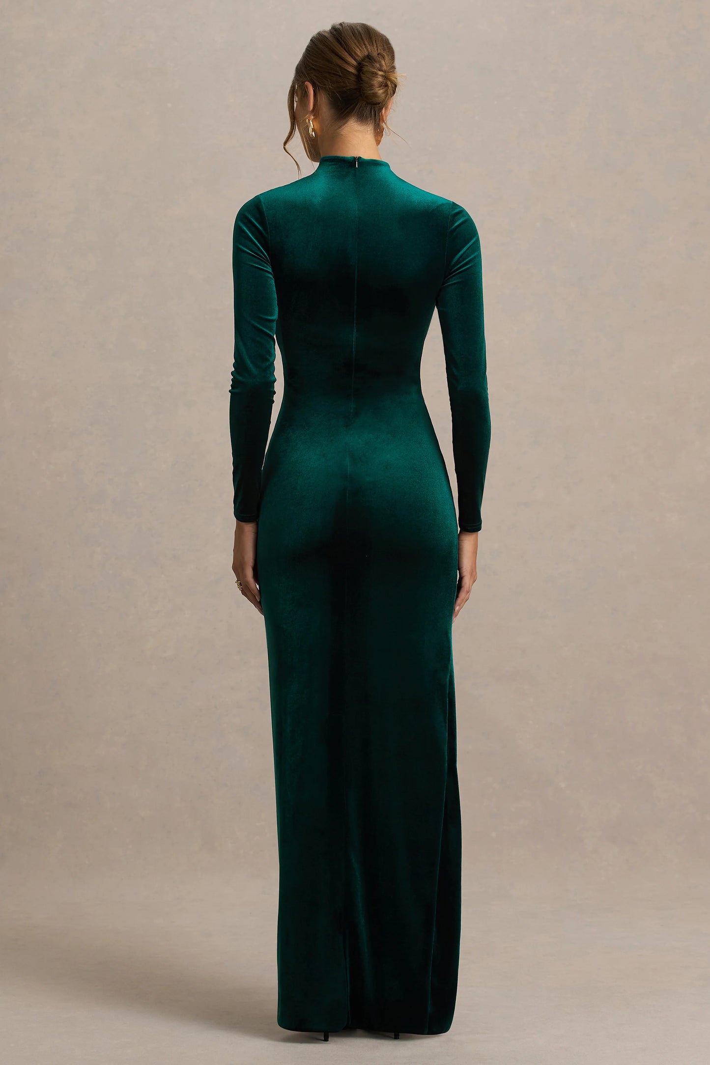 Wishes Bottle Green Velvet High-Neck Maxi Dress With Wrap Skirt