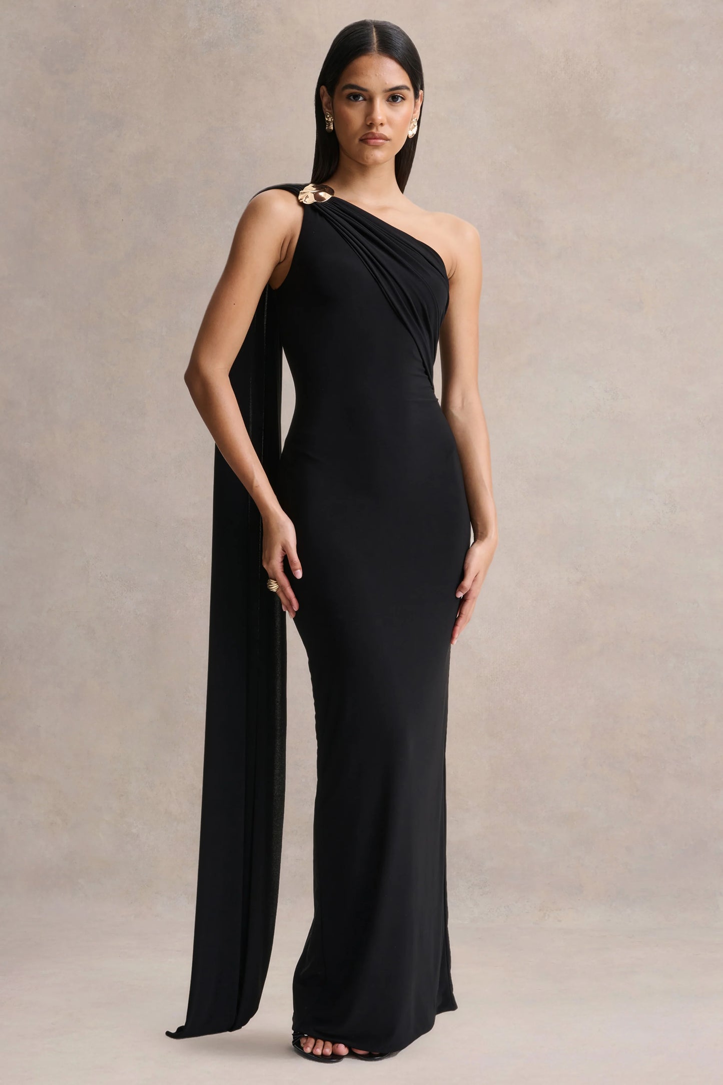 Mandy Black Asymmetric-Neck Maxi Dress