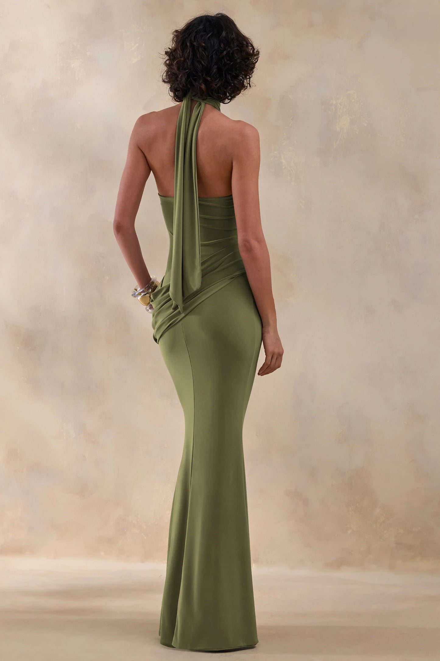 Polina Olive High-Neck Maxi Dress With Drape And Gold-Detail