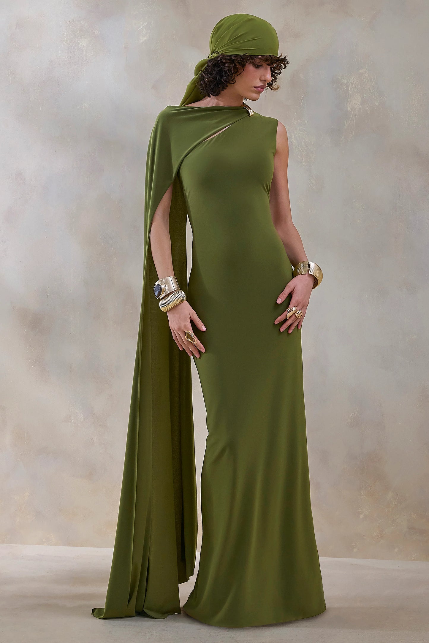 Isdelia Green Asymmetric-Neck Maxi Dress With Cape-Sleeve