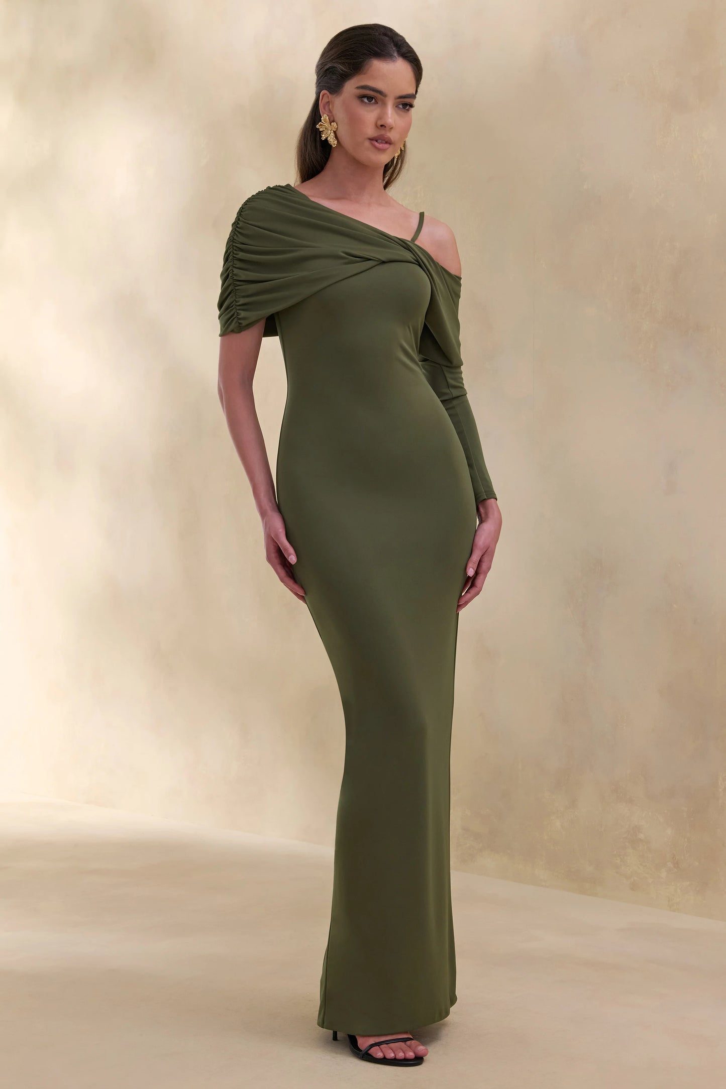 Silvaria Olive Twisted Asymmetric-Neck Maxi Dress