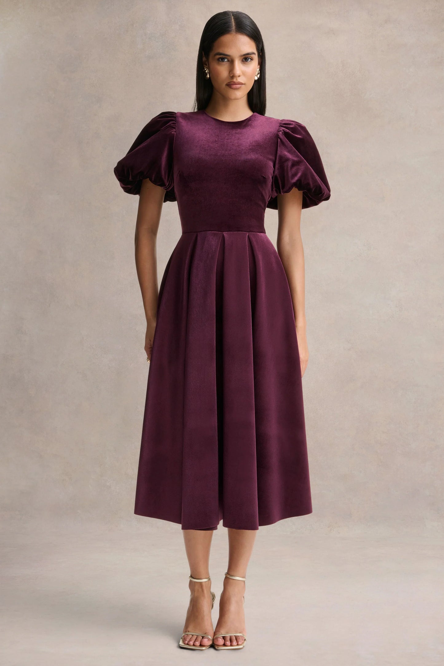 Seraphic Burgundy Velvet Puff-Sleeve Midi Dress