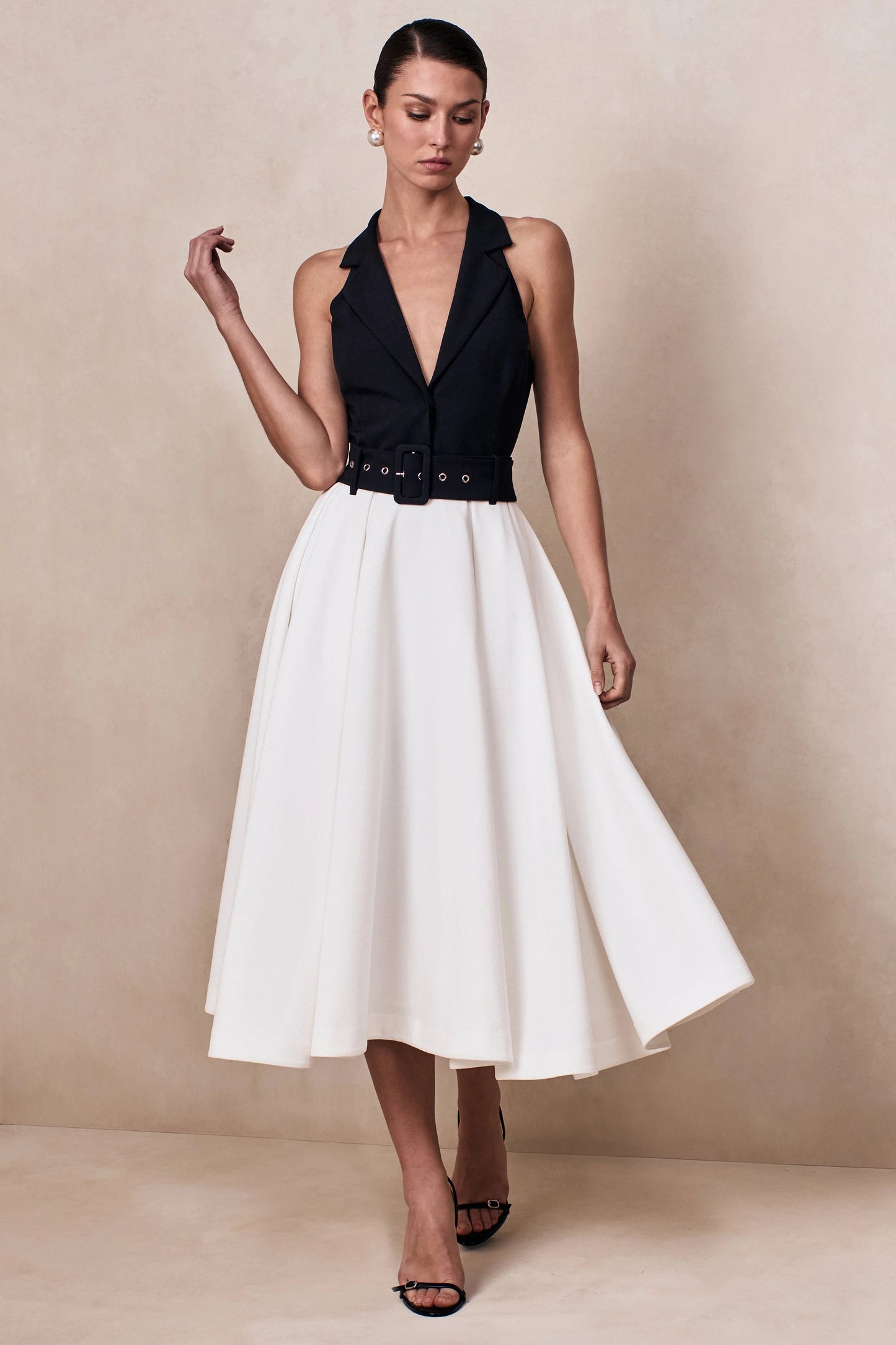Alessa Black & White Plunge-Neck Tailored Midi Dress
