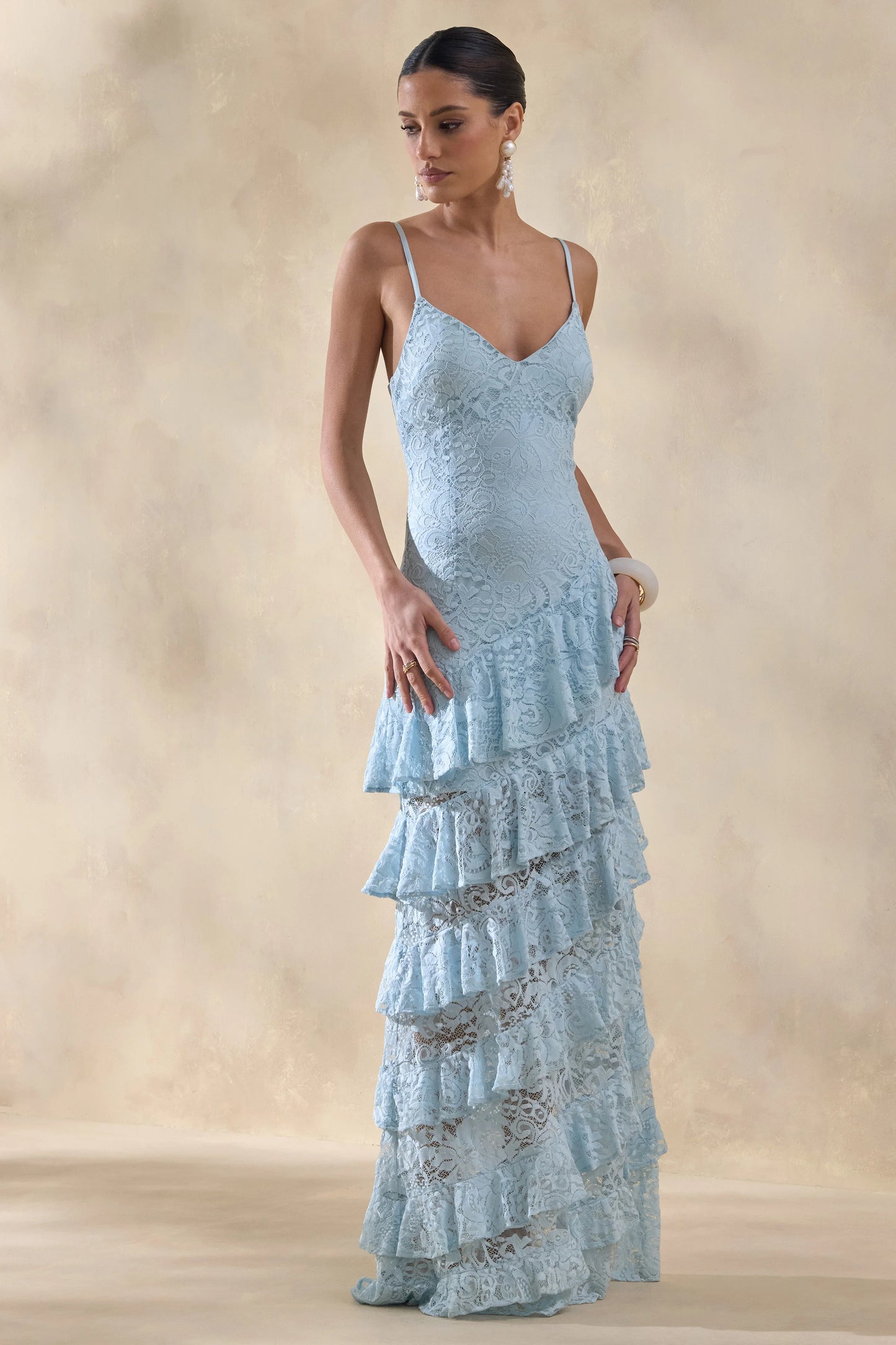 Avelisse Blue Lace Plunge-Neck Maxi Dress With Ruffled Detailing