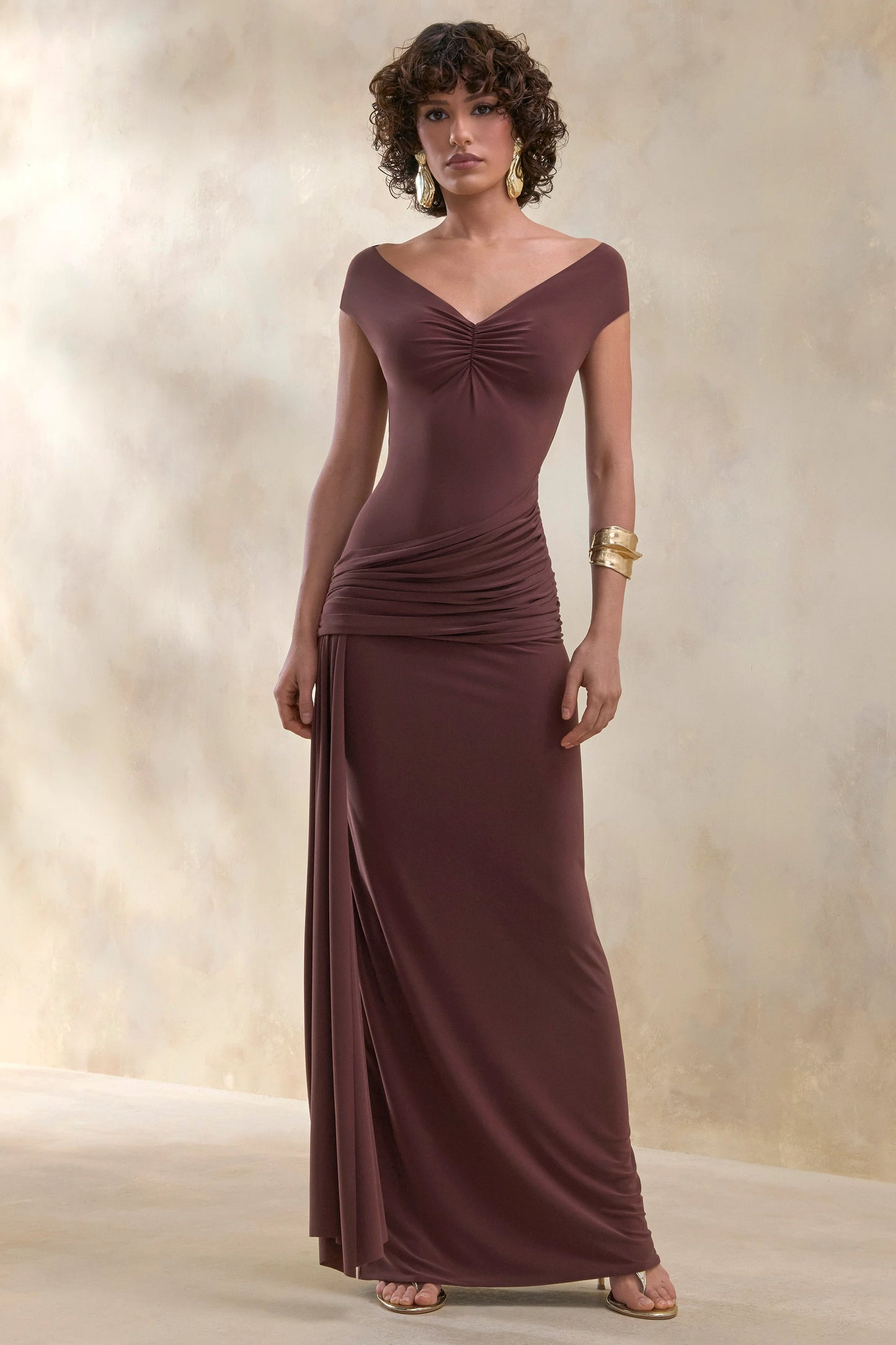 Petronia Brown V-Neck Maxi Dress With Wrap-Detail