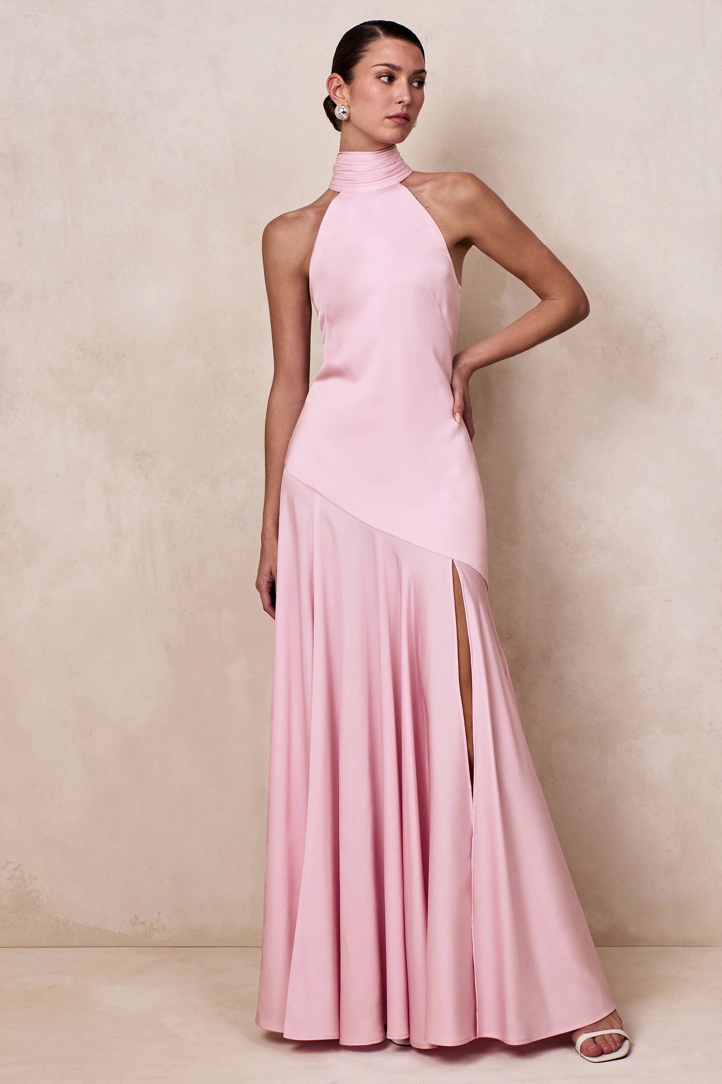 Luscious Light Pink High-Neck Maxi Dress With Drop-Waist And Bow Detail