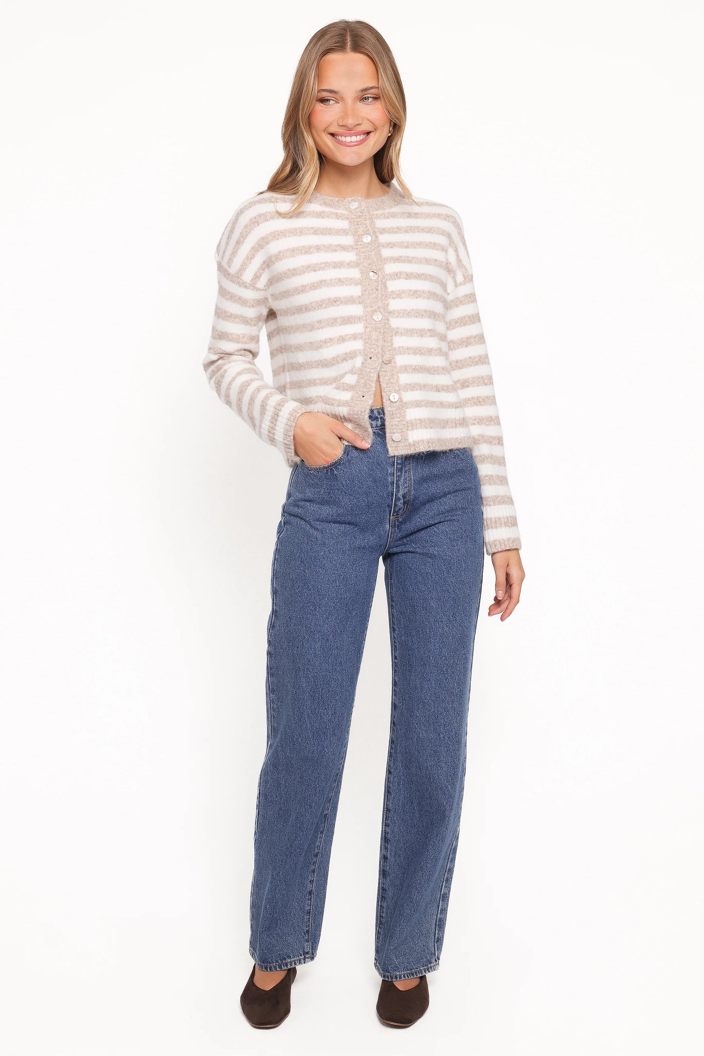 Dean Striped Cardigan - White/Beige