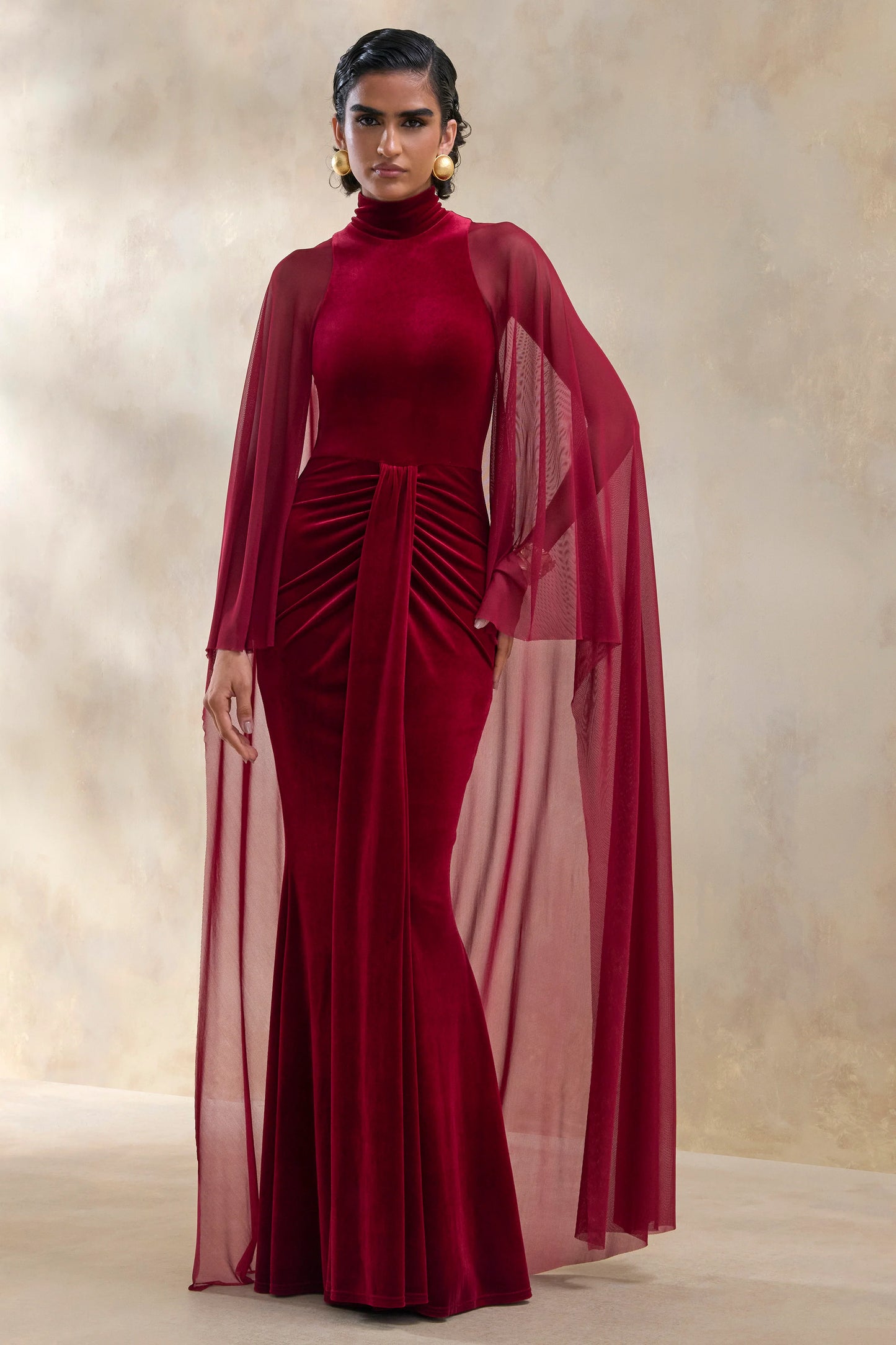 Adoring Burgundy Velvet High-Neck Maxi Dress With Cape