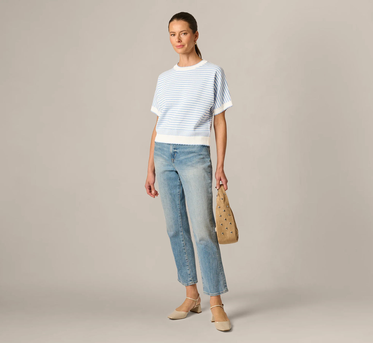 Dolman Sleeve Scalloped Trim Sweater In Ivory Classic Blue