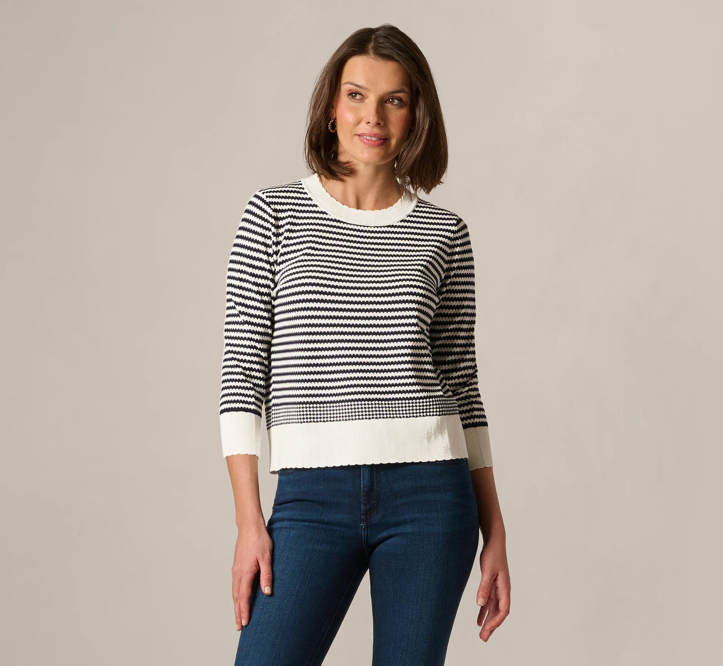 Three Quarter Sleeve Stripe Knit Sweater Top In Ivory Navy