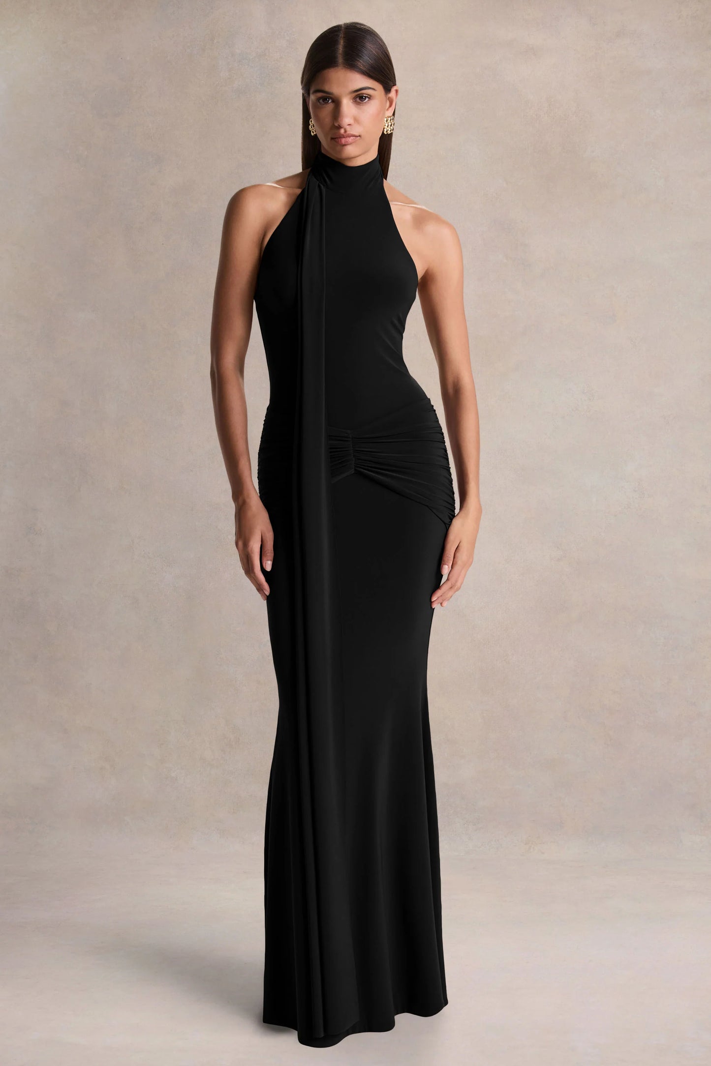 Hyla Black High-Neck Maxi Dress With Sash-Detail