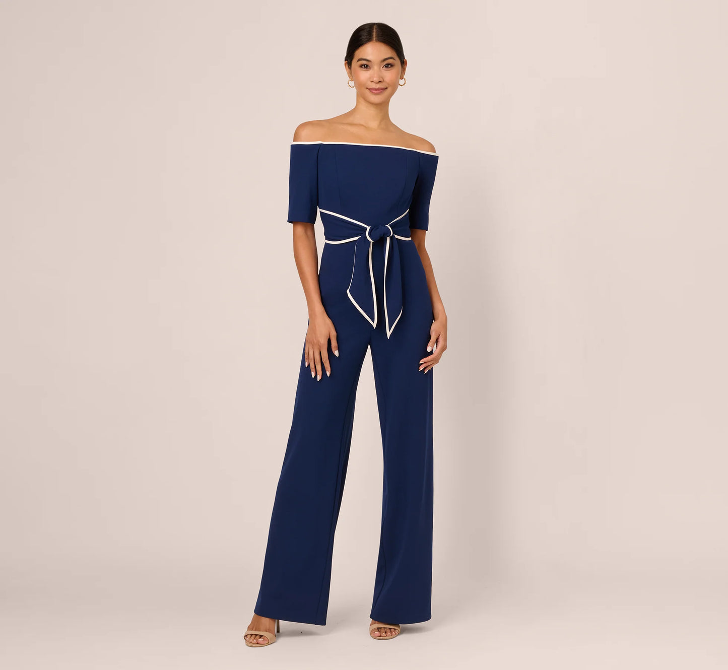 Knit Crepe Off-The-Shoulder Jumpsuit In Navy Sateen Ivory