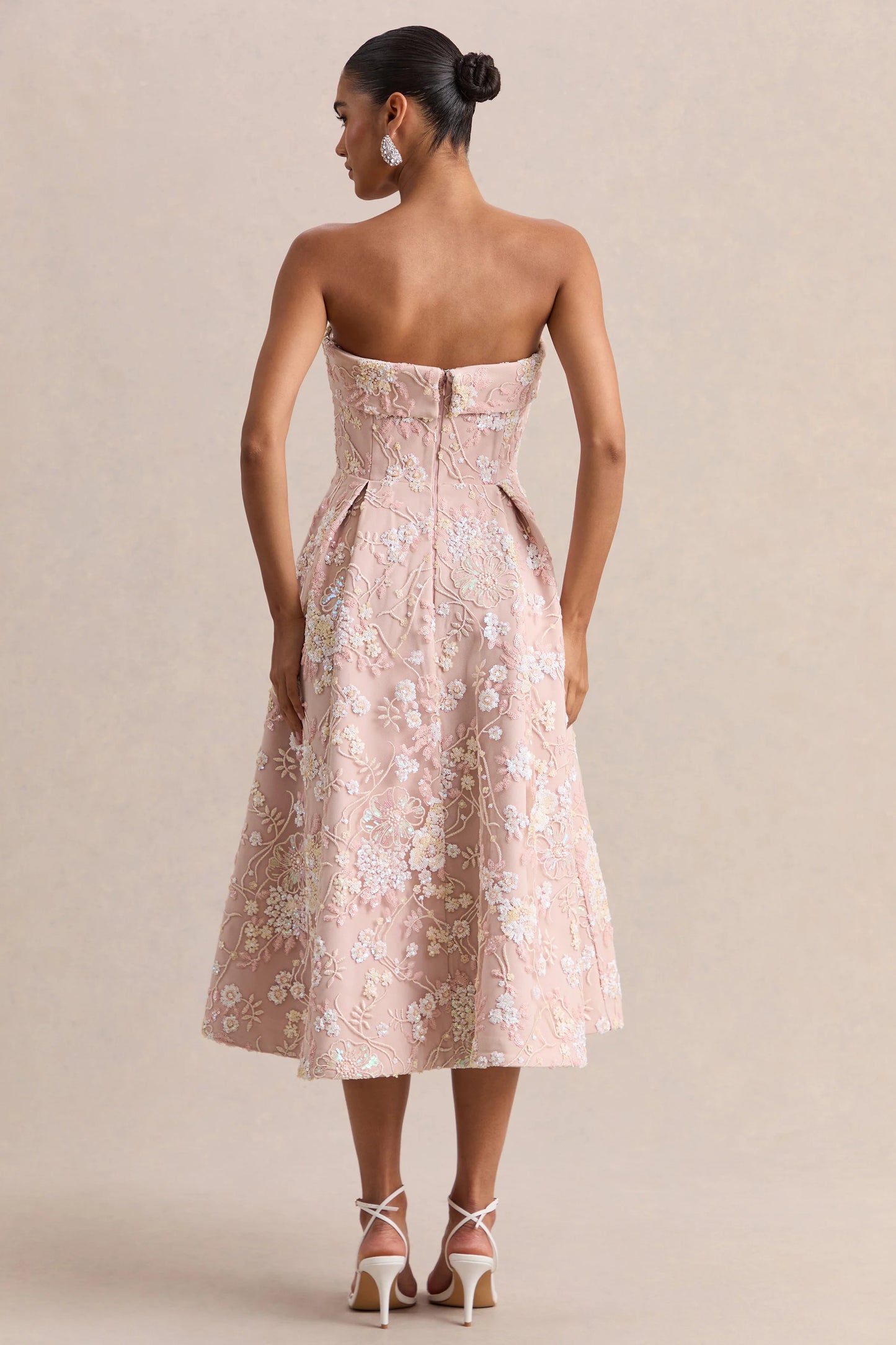 Amaris Pink Embellished Floral Bandeau Skater Midi Dress