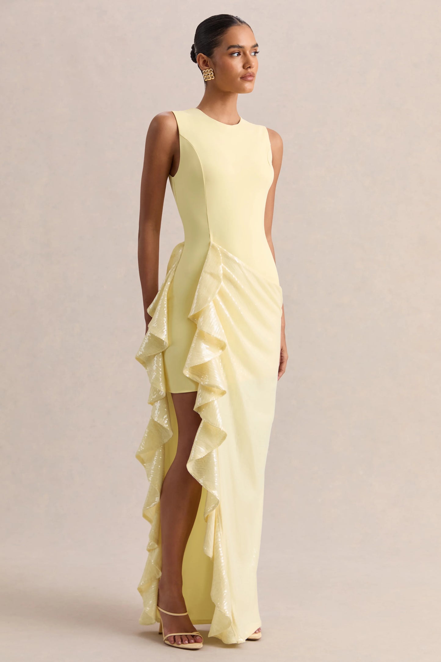 Ada Lemon Crew-Neck Maxi Dress With Sheer Skirt And Ruffled Detailing