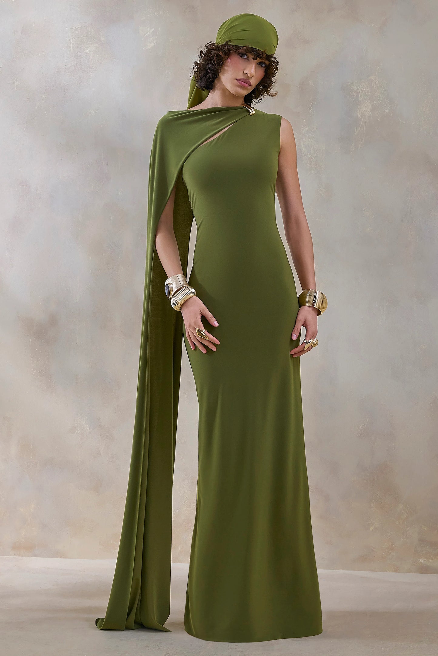 Isdelia Green Asymmetric-Neck Maxi Dress With Cape-Sleeve