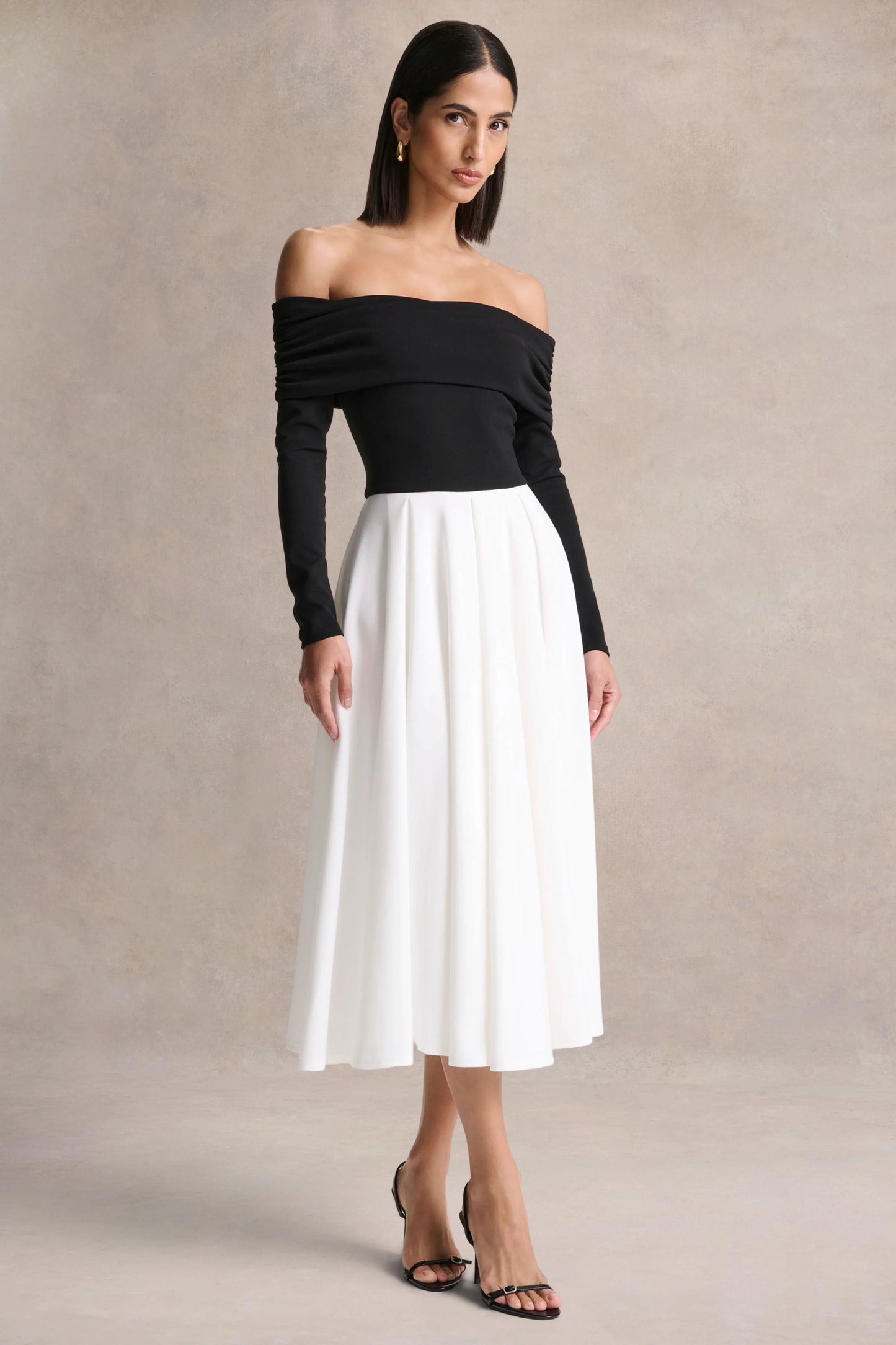 Frederica Black And White Bardot-Neck Midi Dress