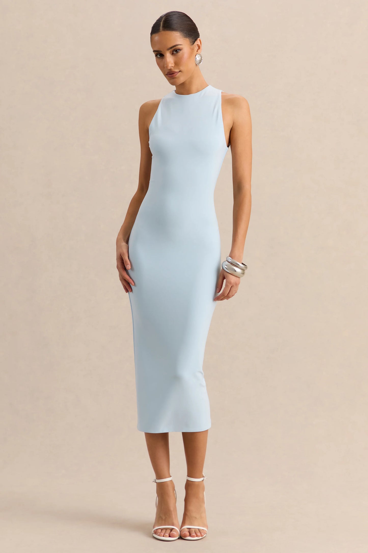 Mirana Powder Blue High-Neck Midi-Dress