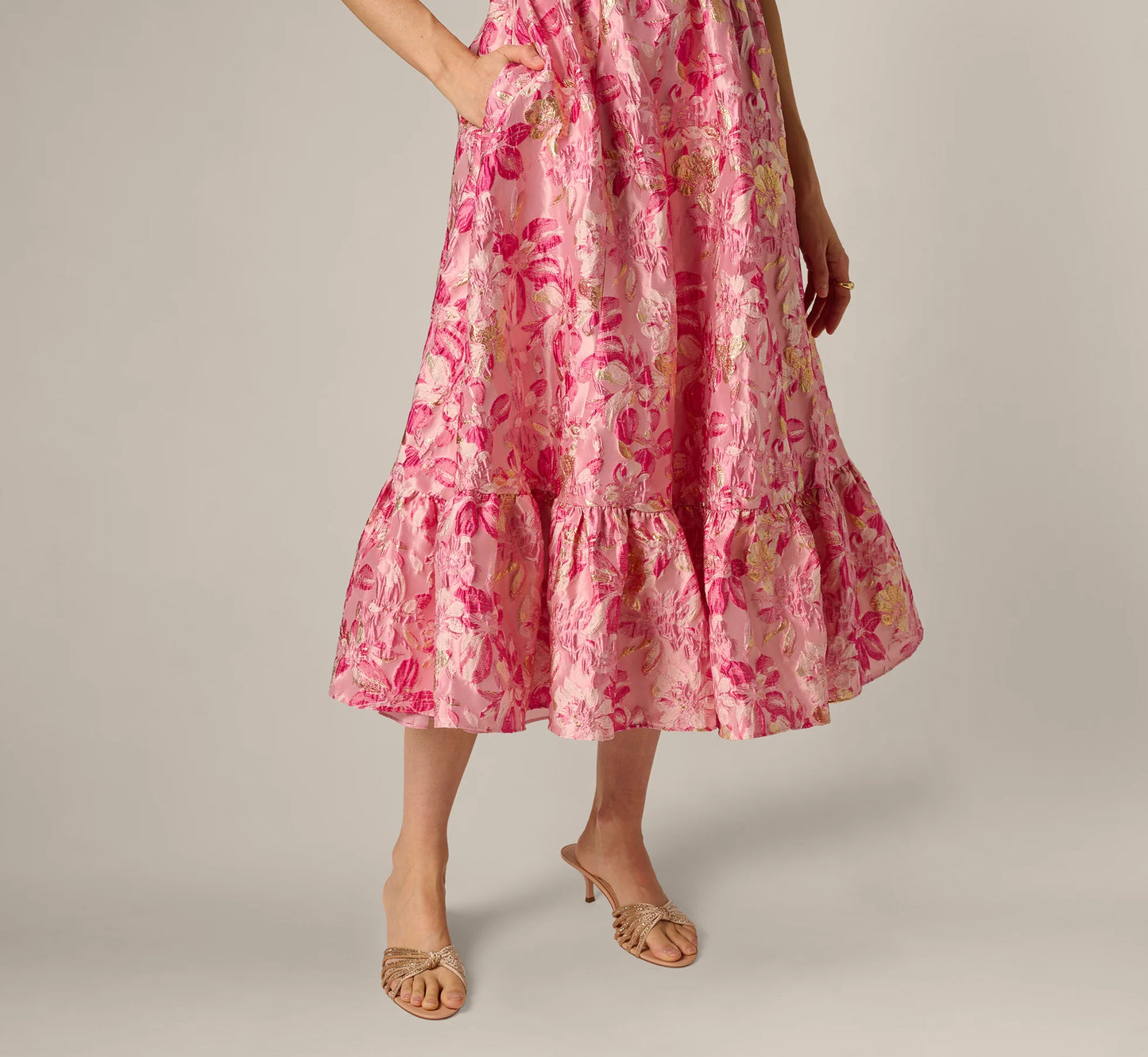 Metallic Floral Jacquard Ruffle Midi Dress In Pink Multi