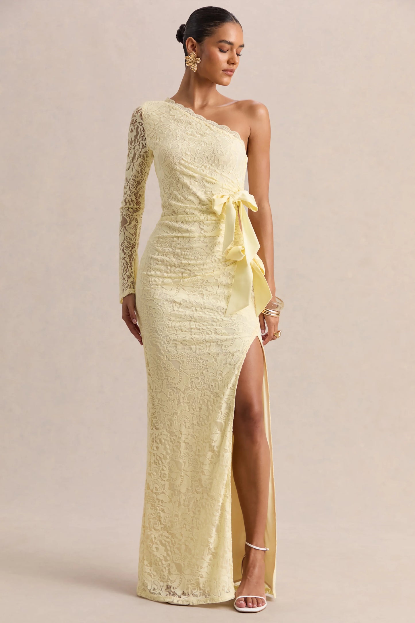 Norna Lemon Lace Asymmetric-Neck Maxi Dress With Cut-Out And Bow Details