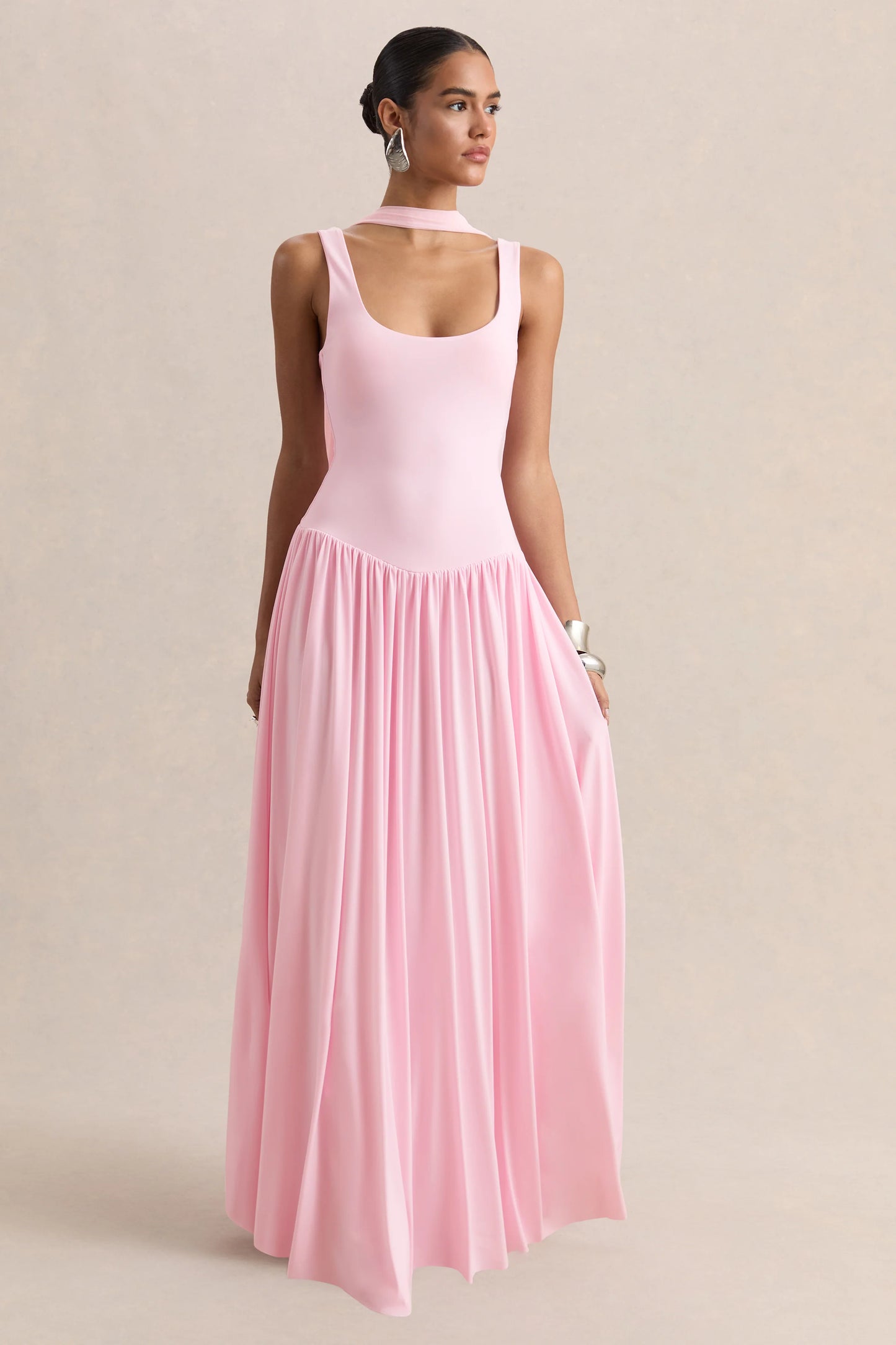 Aurina Pink Square-Neck Maxi Dress With Scarf-Detail