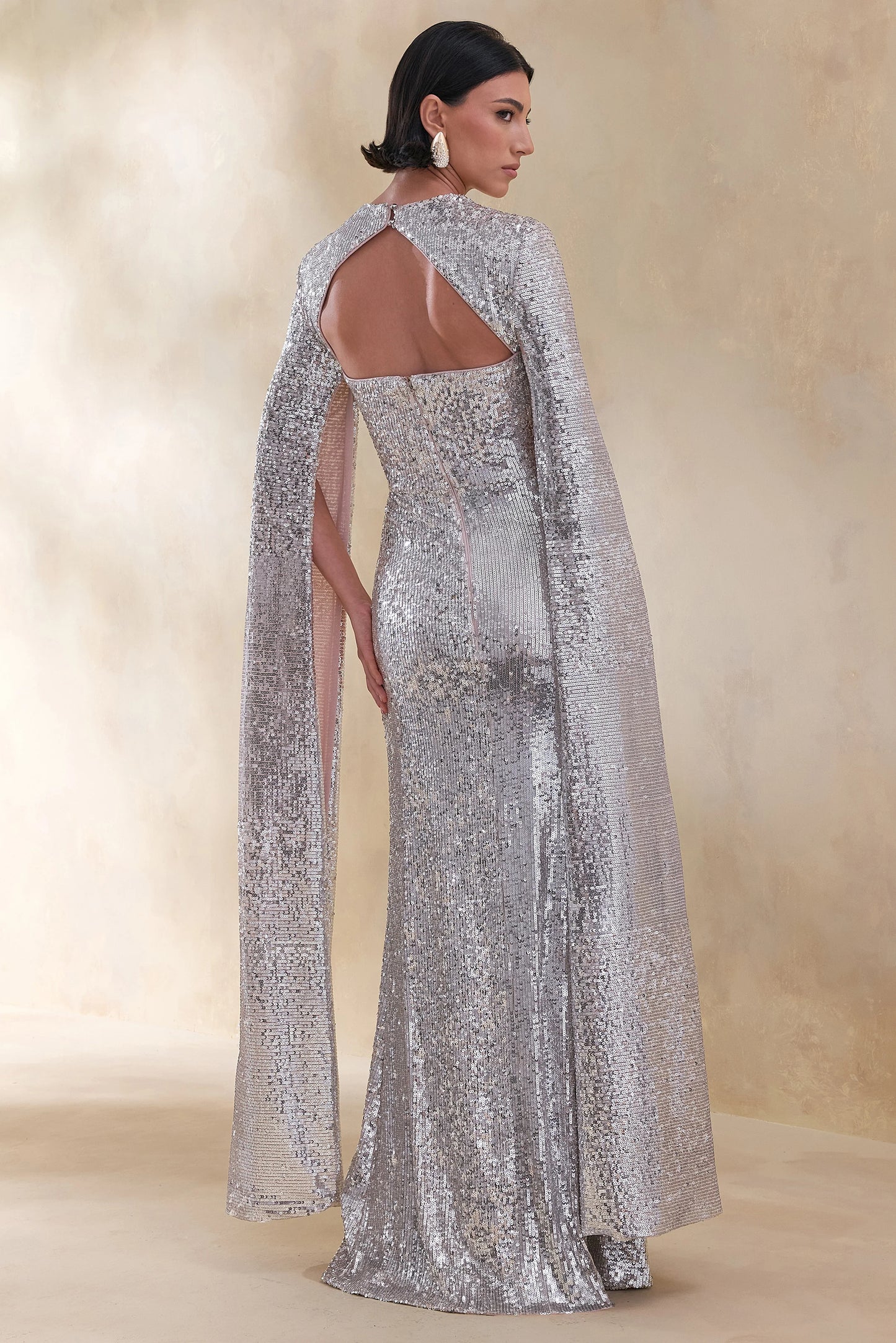 Devora Silver Sequin Crew-Neck Maxi Dress With Cape Sleeves