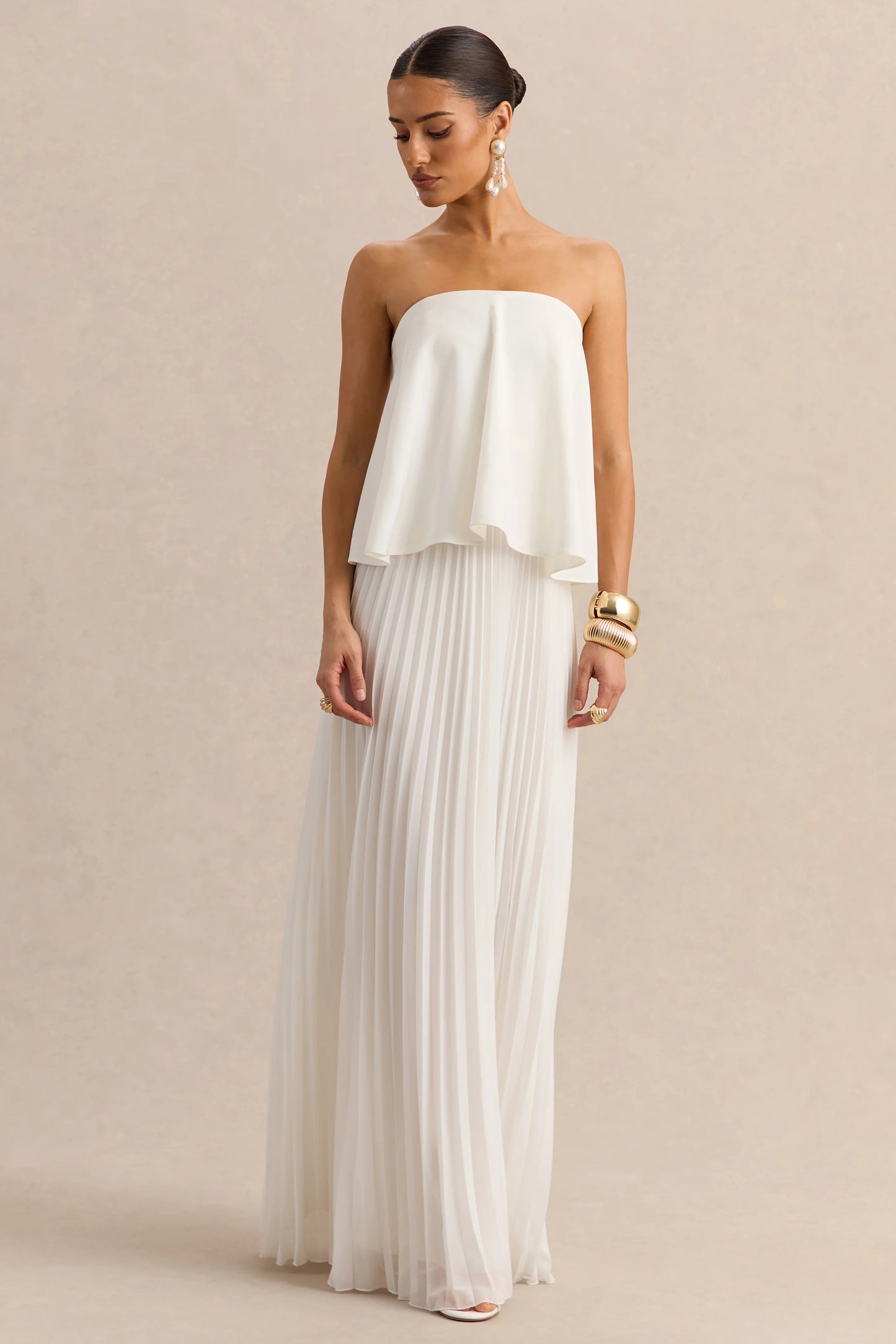 Saralyn White Bandeau Maxi Dress With Pleated-Skirt