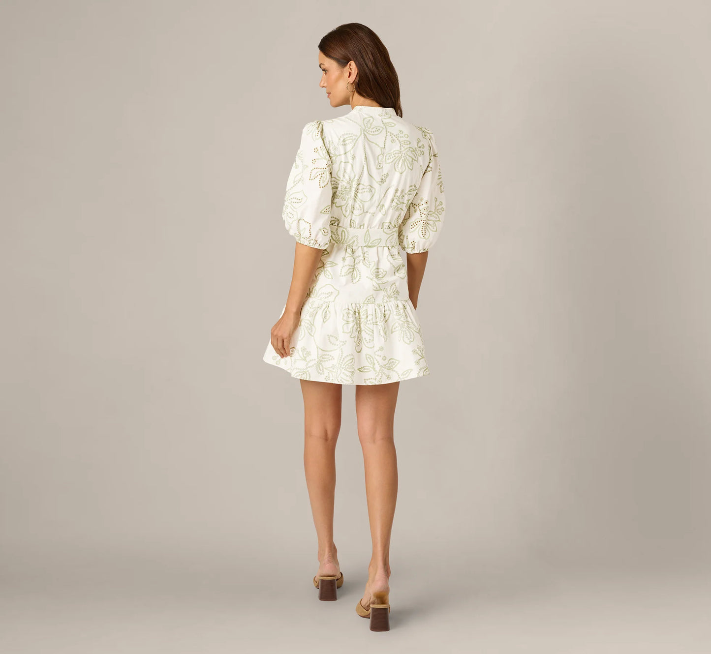 Cotton Floral Eyelet Belted Short Dress In Ivory Sage