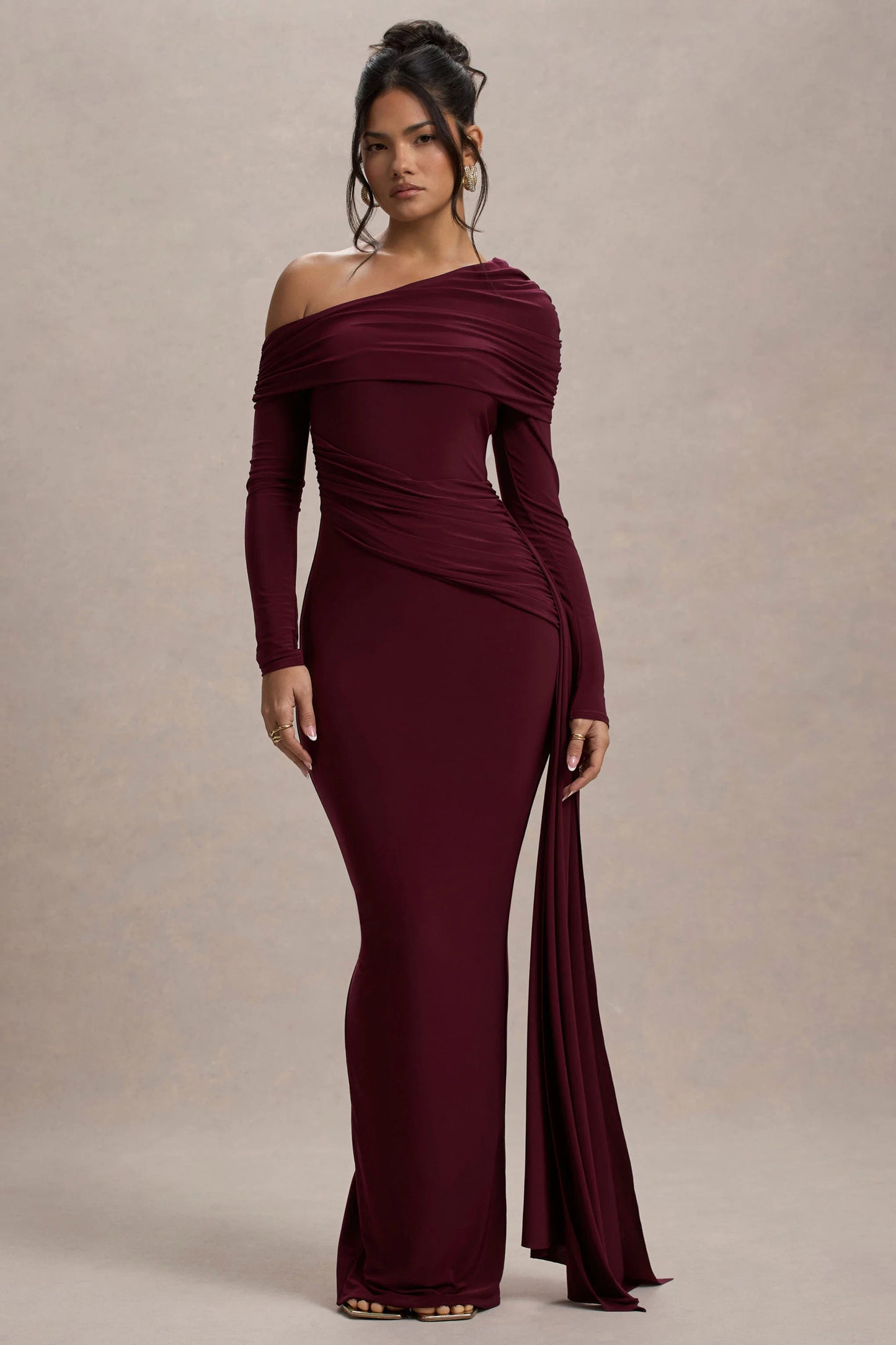 Valina Burgundy Ruched Asymmetric Maxi Dress With Drape