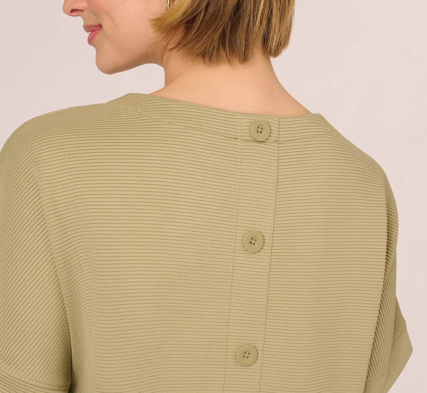 Short Sleeve Rib Knit Back Button Top In Dusty Sage Green