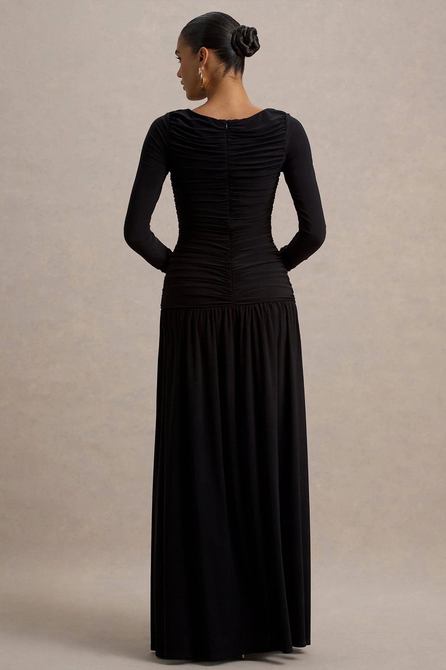 Aniyah Black High-Neck Maxi Dress With Ruched Detailing