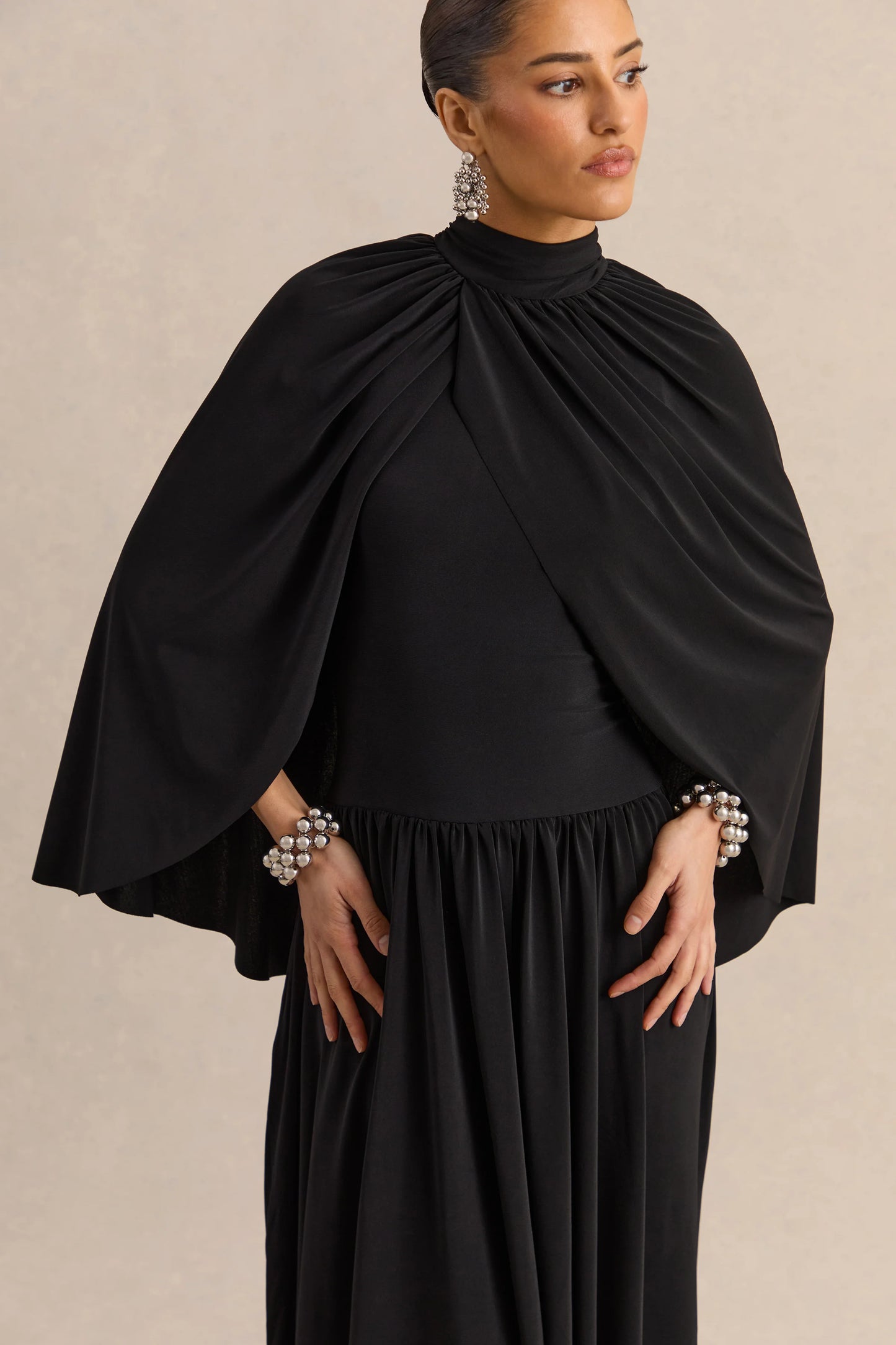 Honora Black High-Neck Midi Dress With Cape-Sleeves