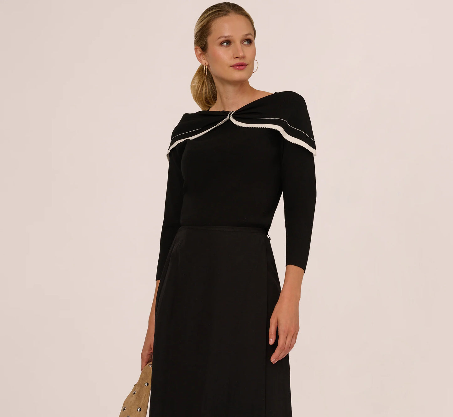 Off Shoulder Bow Collar Sweater In Black Ivory