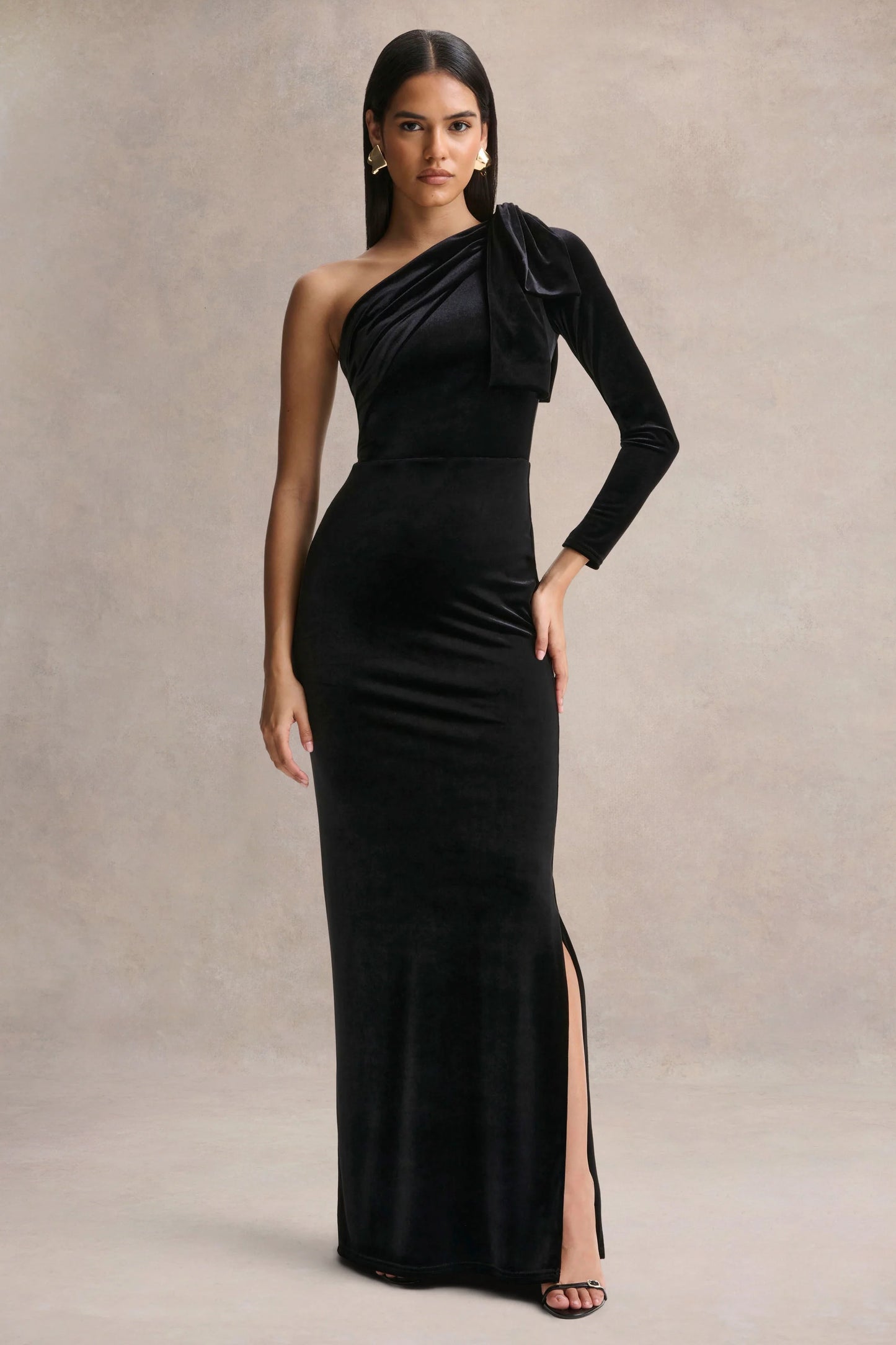 Farryn Black Asymmetric-Neck Maxi Dress With Bow Detail
