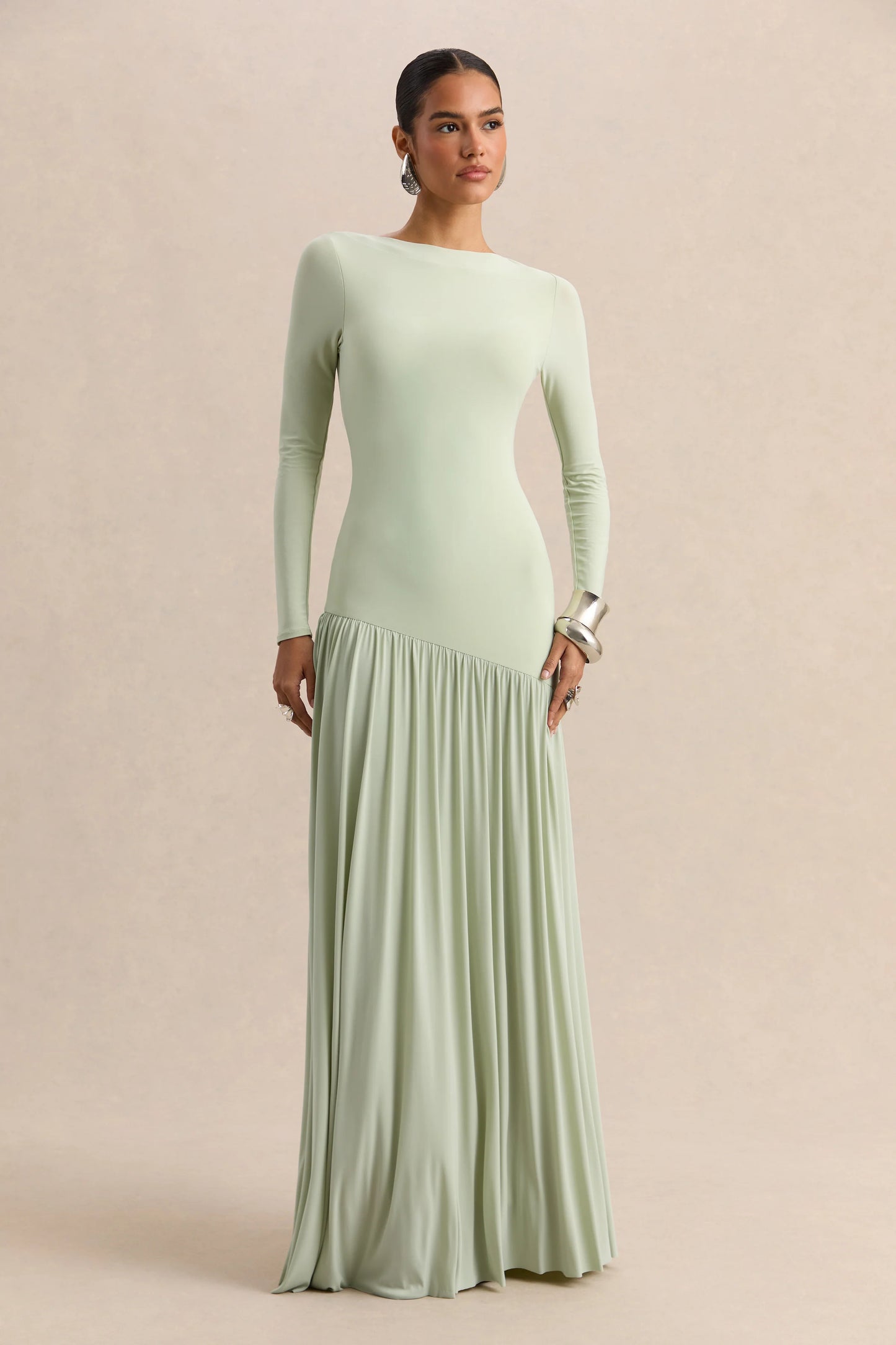 Jasira Mint Crew-Neck Maxi Dress With Asymmetric Drop-Waist